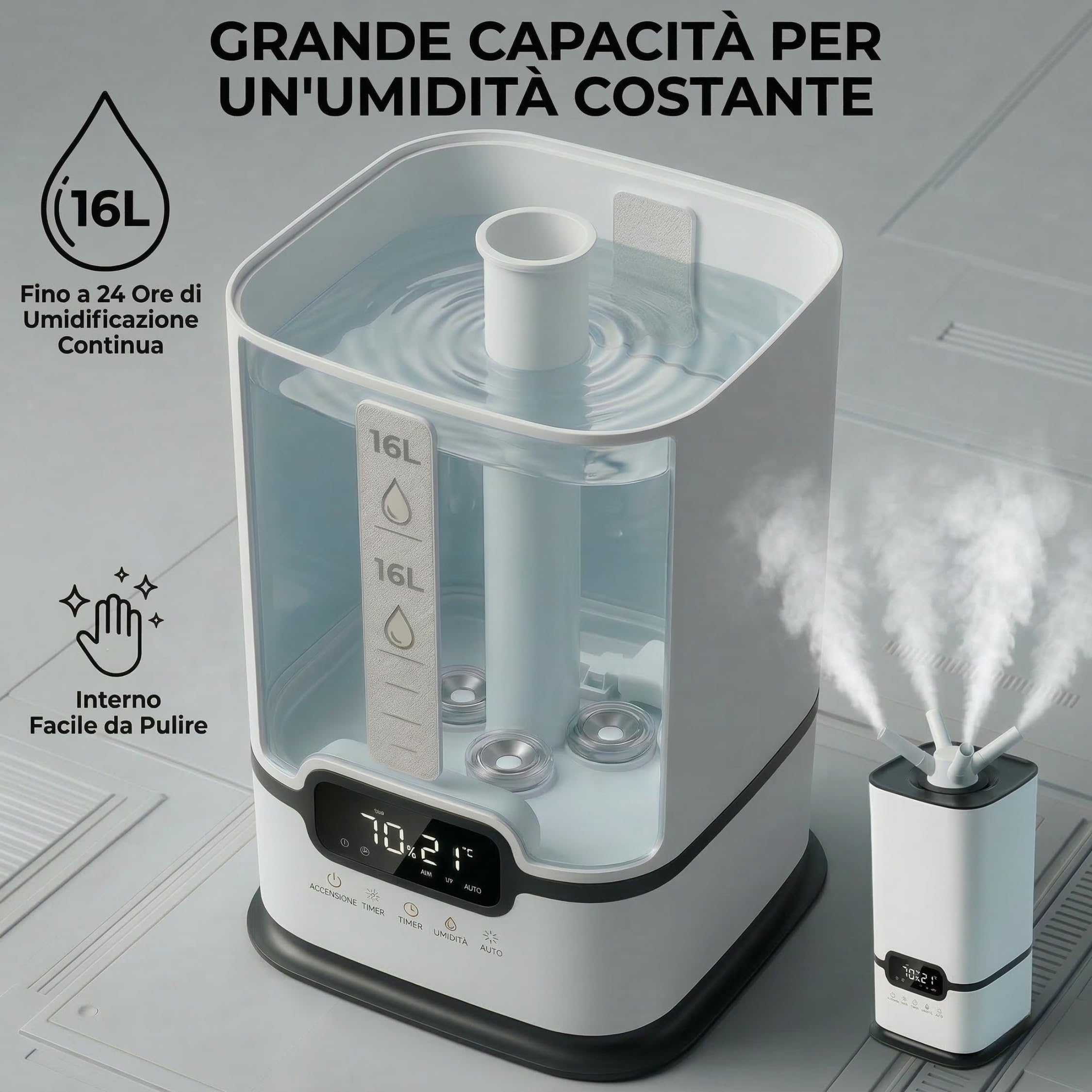 LUMS Umidificatore industriale da 16 l, grande capacità, controllo intelligente dell'umidità, timer e riempimento superiore, atomizzatori a 3 core, portatile, ideale per uffici e grandi spazi