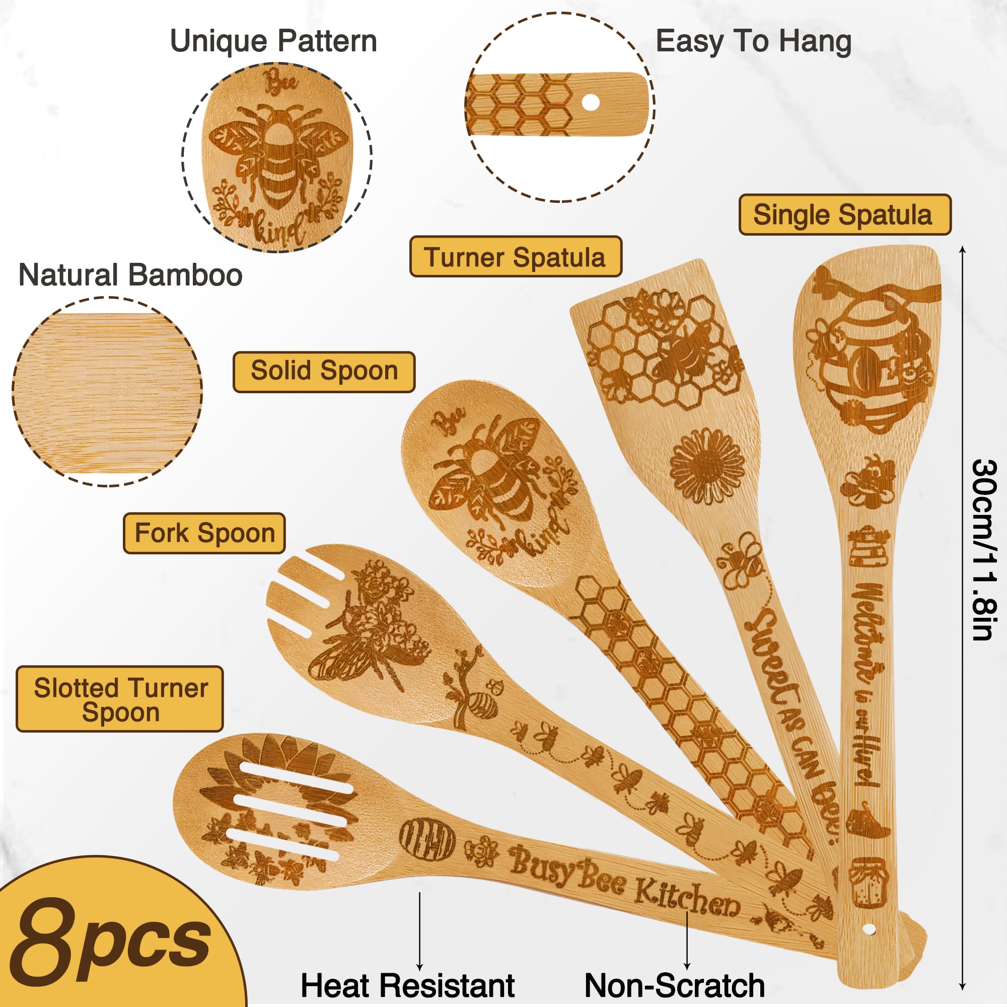 Wimabuden Juego de cucharas de madera de bambú para cocinar (abeja)
