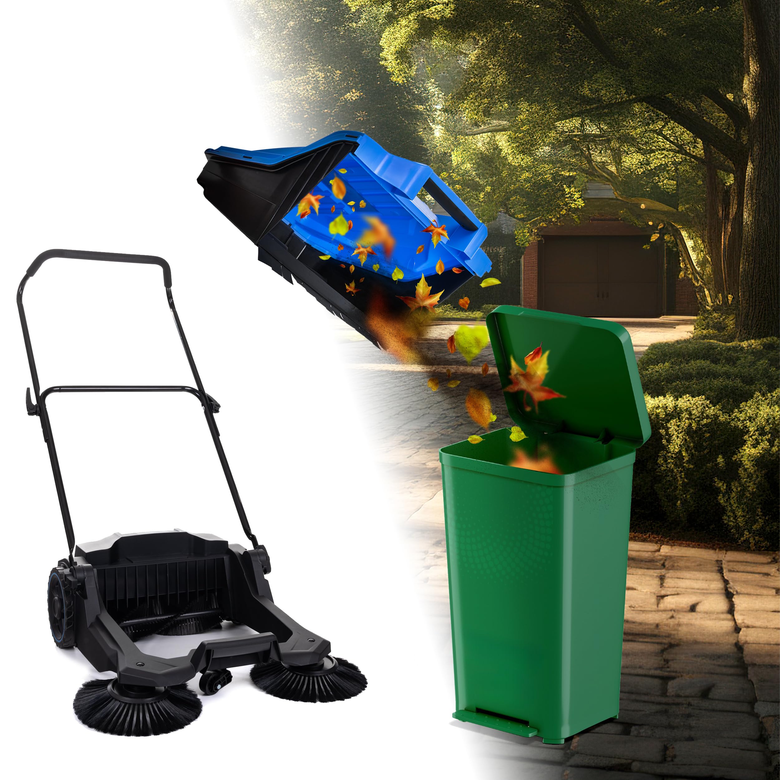 Kanwod KGAMS-6520 - Spazzatrice manuale con serbatoio da 18 litri, raccogli foglie, spazzole laterali e larghezza spazzatrice 650 mm, spazzatrice manuale per sabbia, fogliame, ghiaia e prato