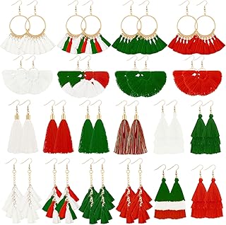 20 Pairs Christmas Tassel Earrings Bohemian Tiered Dangle Earrings White Red Green Tassel Earrings Multicolor Layered Tassel Earrings for Christmas Women Teen Girls Birthday Friends favor