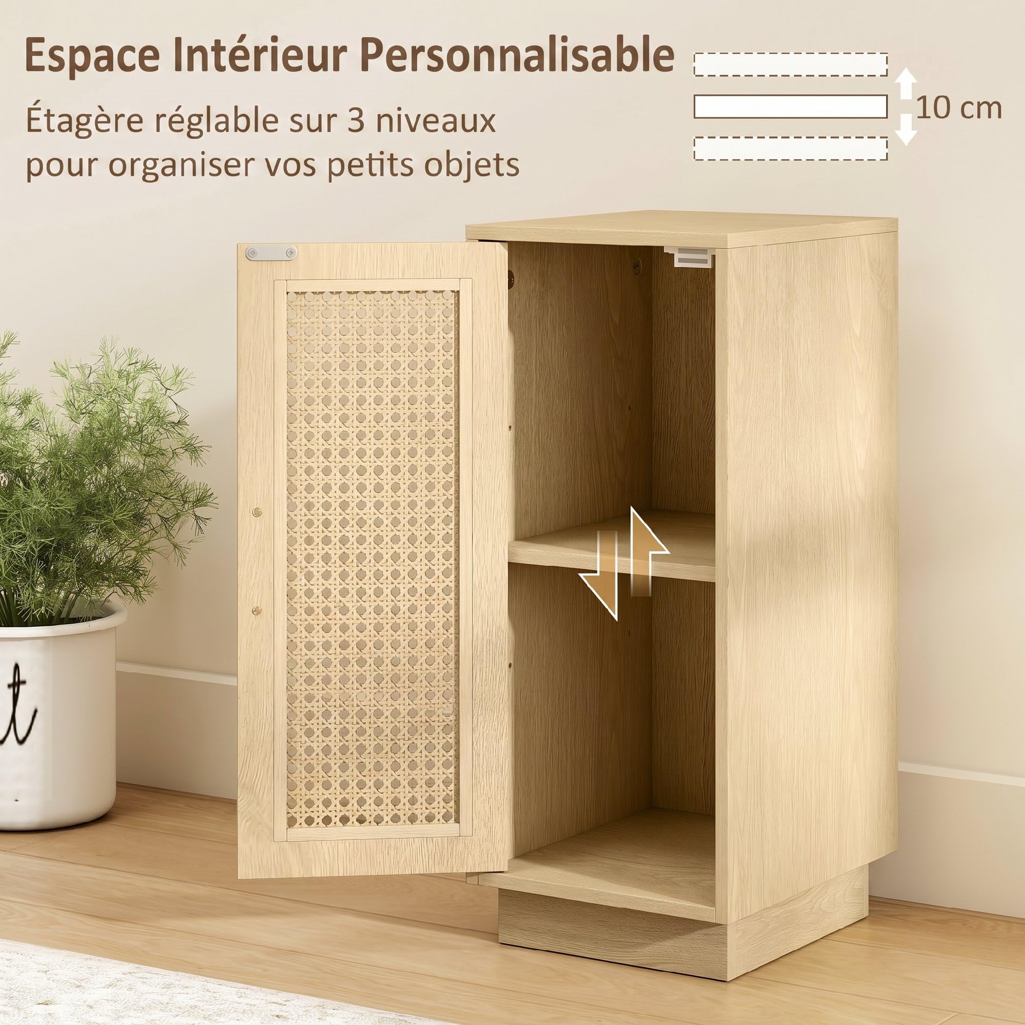 HOMCOM Lot de 2 Tables de Chevet, Tables de Nuit, Bois Naturel | Étagère Réglable, Porte en Résine Tressée, Style Bohème, Chambre à Coucher, Salon
