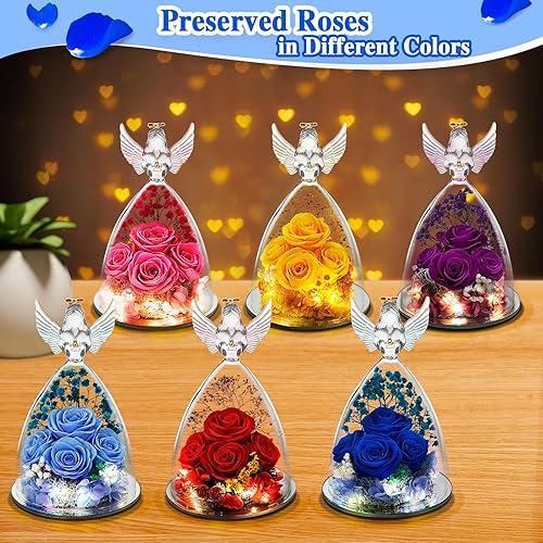Miniatura 7 de YEEBAY Regalos de flores preservadas para mujeres, mamá, esposa, abuela, figura de ángel con rosa y luz, ideal para Navidad, aniversario, boda, día