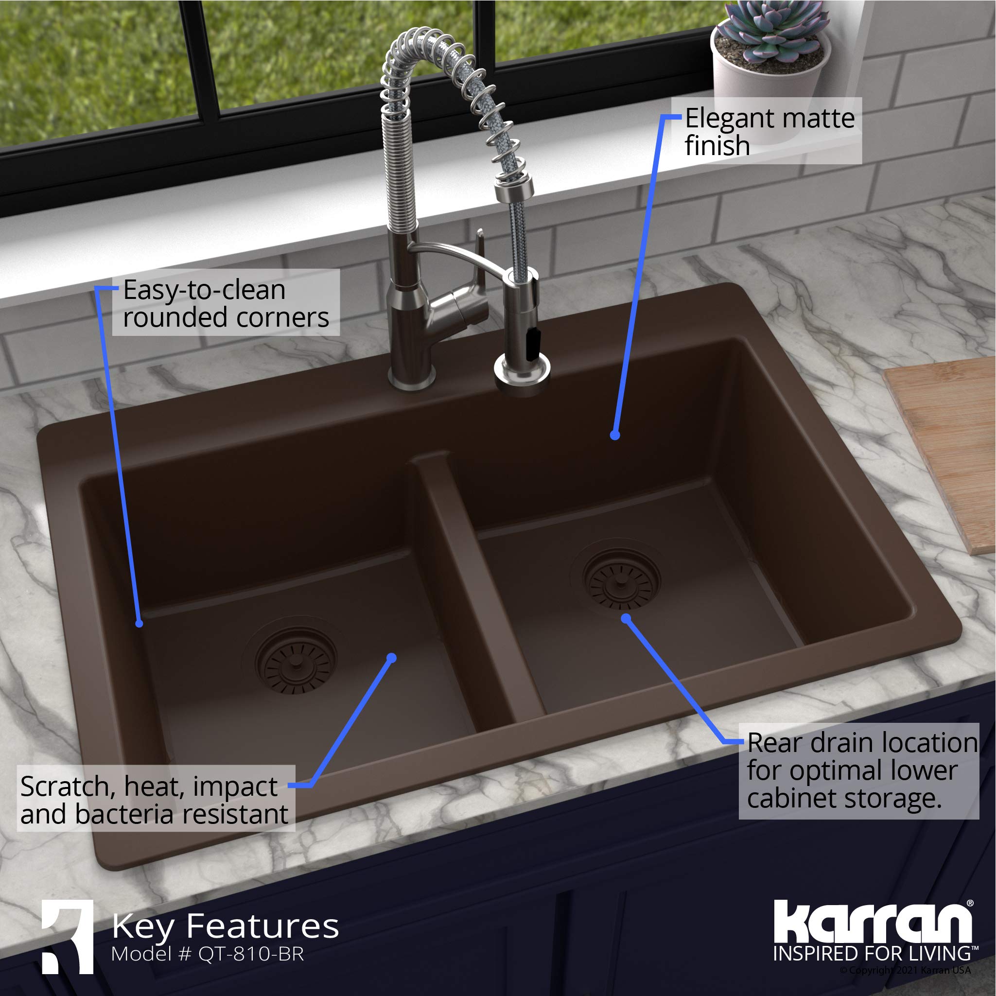 Karran QT810 33" Top Mount Double Equal Bowl Quartz Kitchen Sink