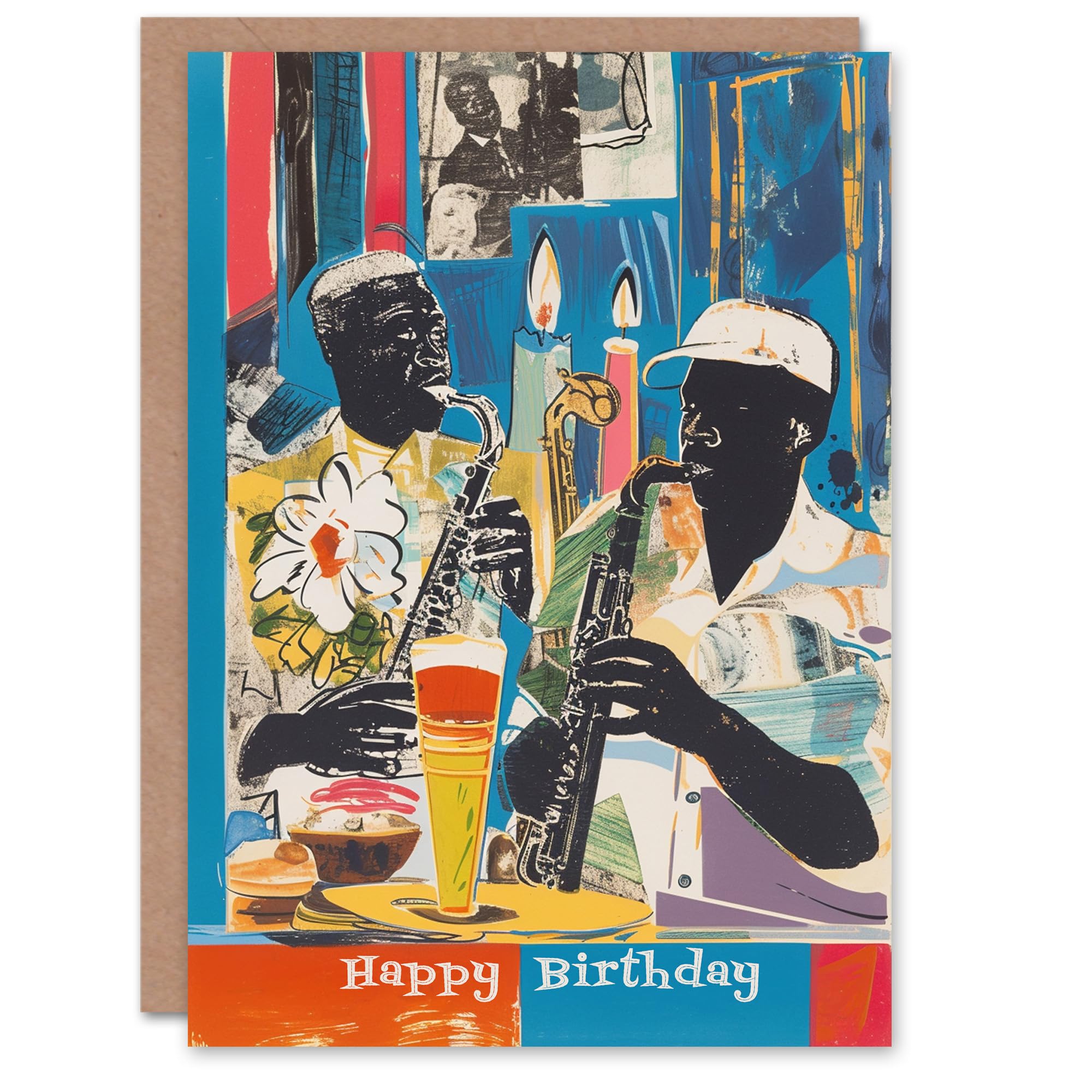 Birthday Card Abstract Painting Jazz Saxophones Bright For Him Greeting Card