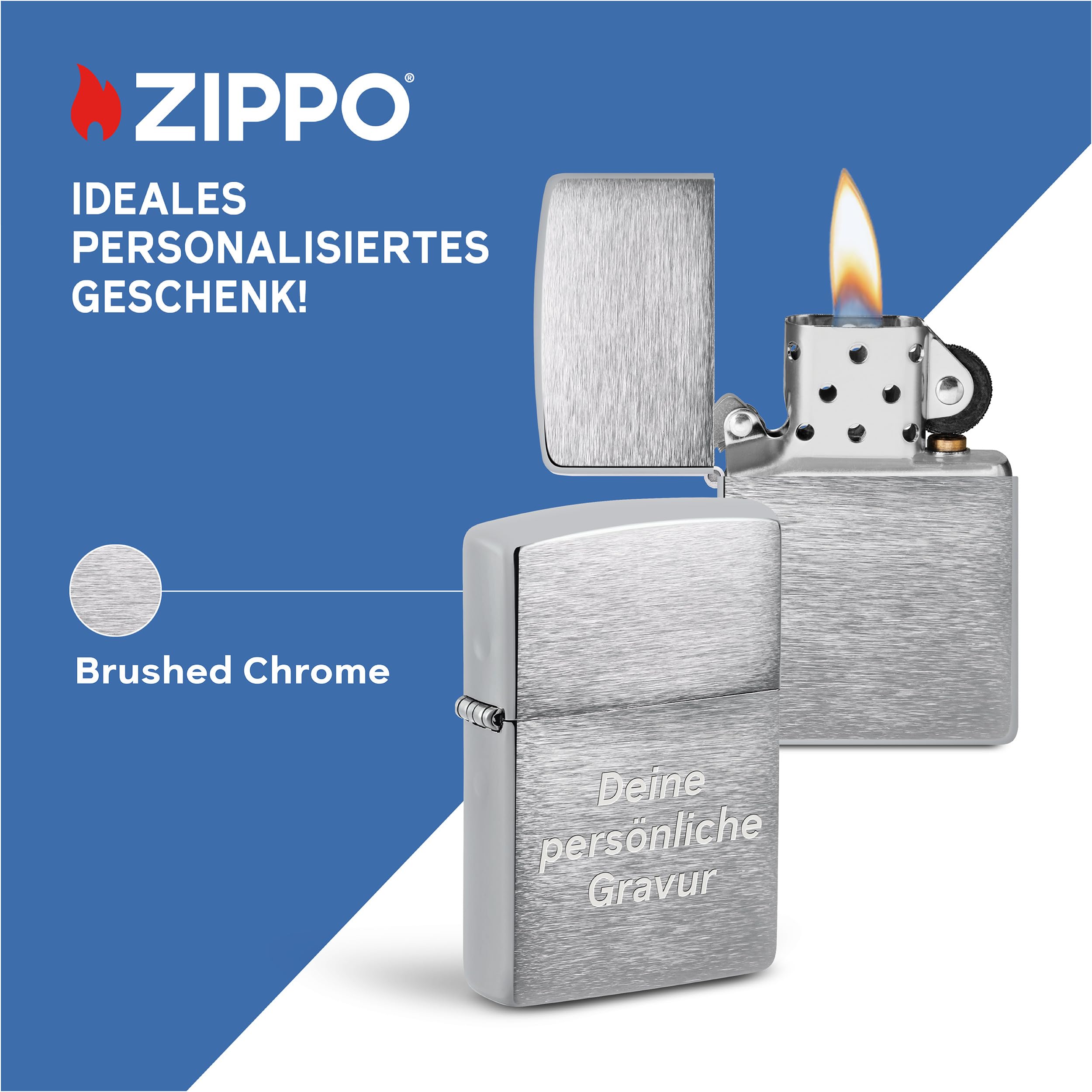 Zippo Sturmfeuerzeug mit Gravur – Brushed Chrome – Personalisiert mit Wunschtext – Nachfüllbar - Wiederverwendbar – Windfest