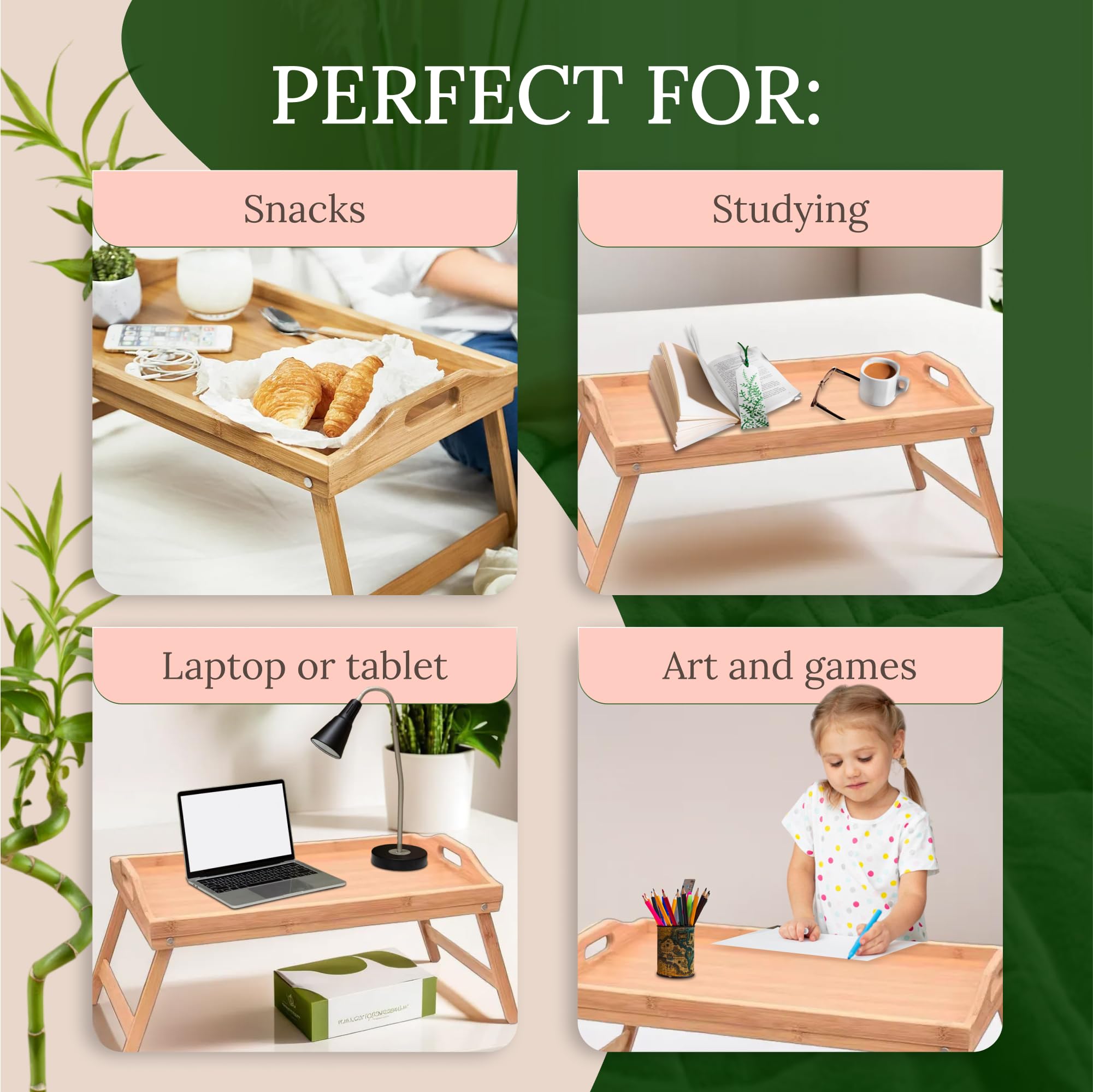 Plateau de petit-déjeuner en bambou respectueux de l'environnement avec pieds pliables, bureau portable pour ordinateur portable, plateau en bois polyvalent pour la maison et le bureau, design durable