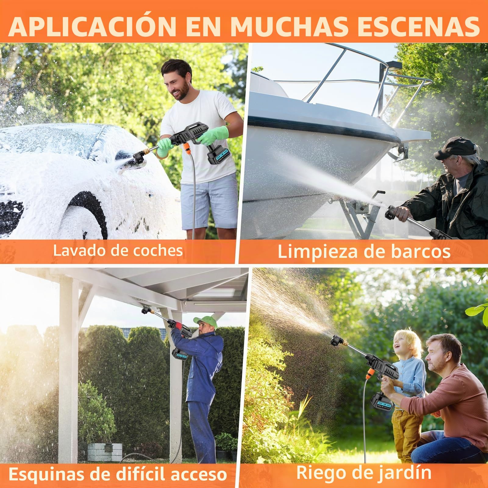 Hidrolimpiadora inalámbrica, hidrolimpiadora portátil inalámbrica de 21V 62Bar, hidrolimpiadora con 2 baterías, Boquilla multifunción 6 en 1, Manguera de 5 m, depósito con Filtro, para Coche y Patio