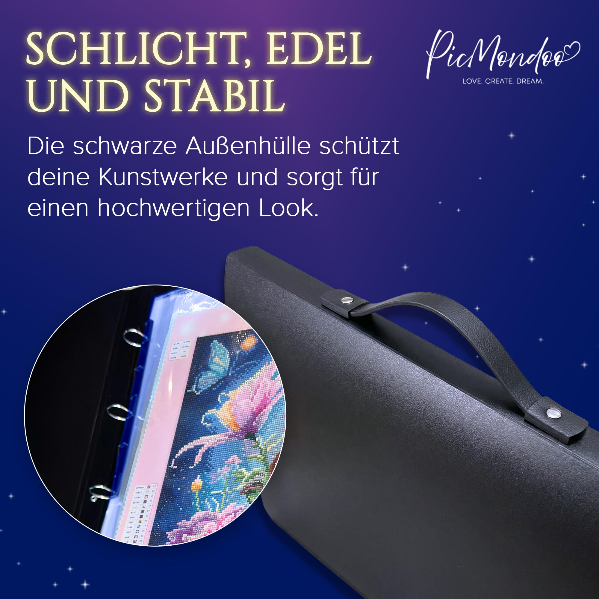 Picmondoo Diamond Painting Sammelmappe A2-80x58cm | 10 Klarsichthüllen für 40x60cm Bilder, schwarze A2-Mappe, erweiterbar & knickfreie Aufbewahrung