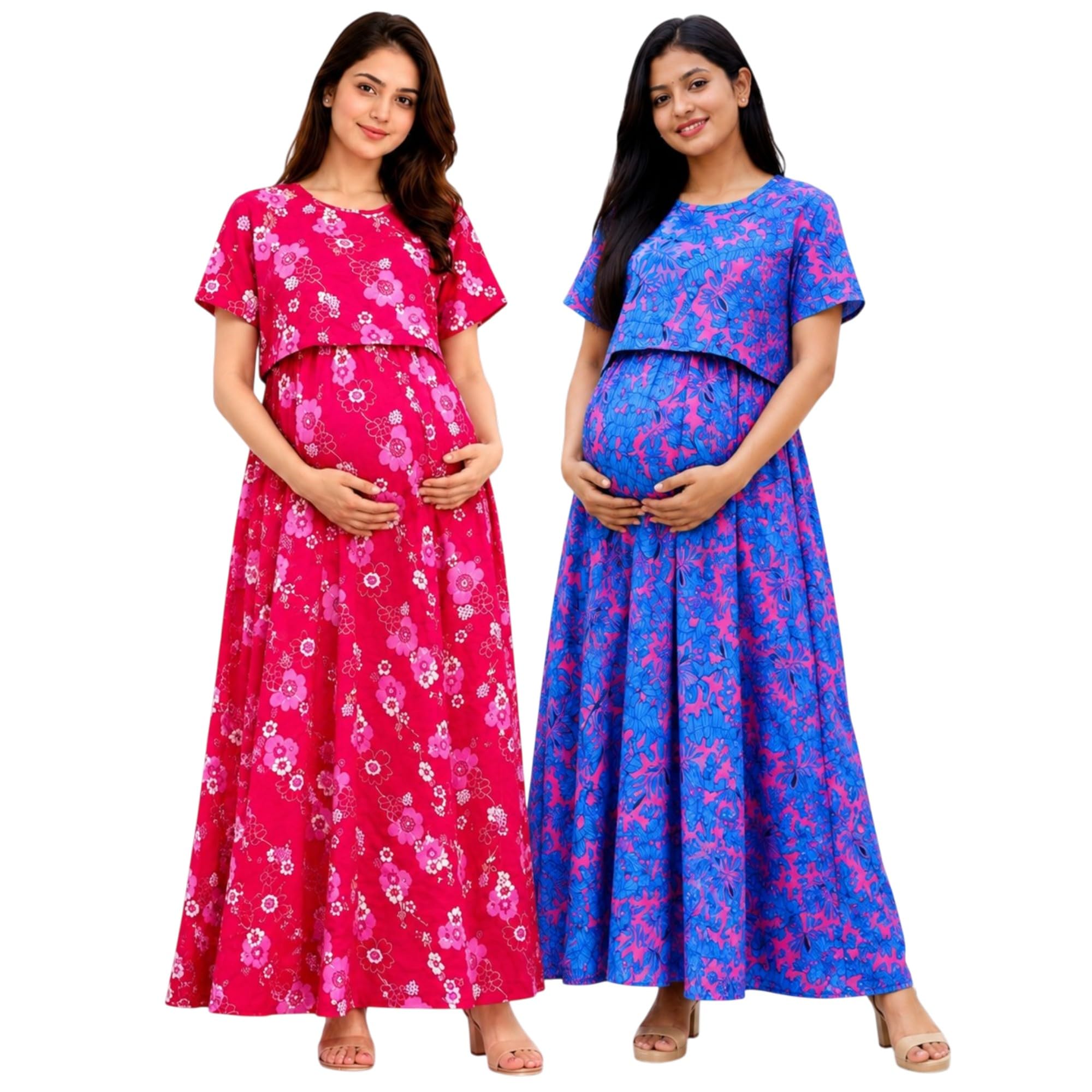 JRP Creation Women's 100% Cotton Zipless Feeding Maternity Nighty Pack of 2 | Pull Up Nursing Night Dress, Feeding Wear Back Tie with Side Pocket | Pink & Blue/Pink | Size - XXL-image-3