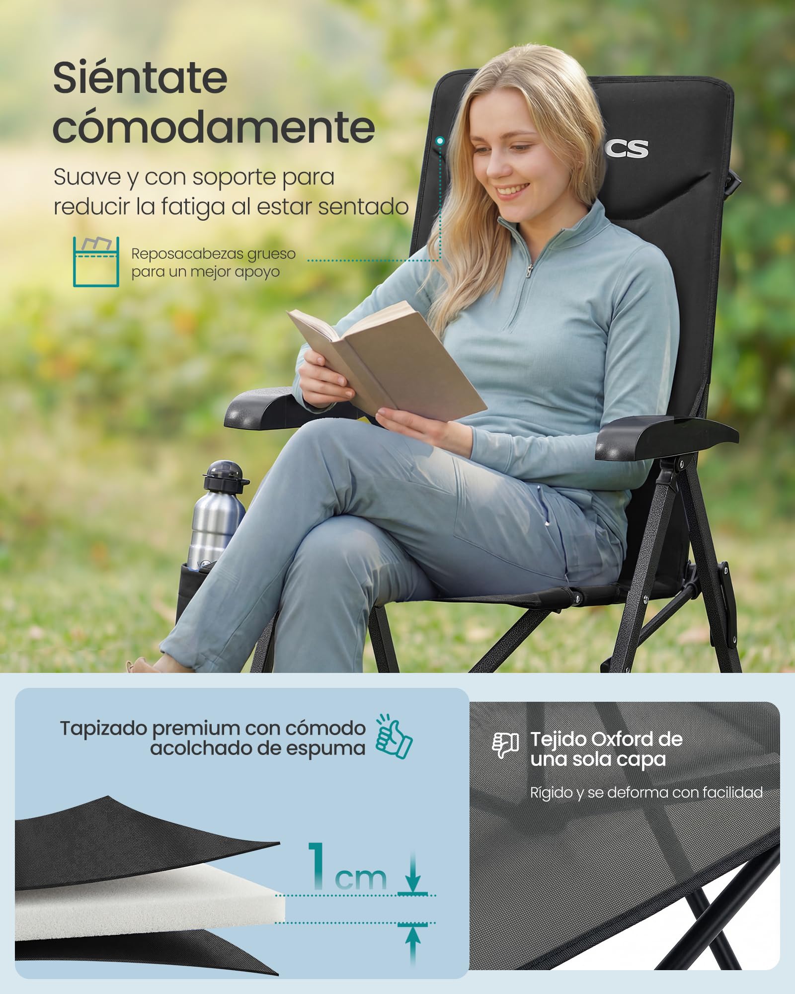 SONGMICS Silla de Camping para Adultos, Reclinable 95°-150°, Plegable, Respaldo Alto Ajustable, con Portavasos y Bolsa con Correa para el Hombro, Jardín, Pícnic, Pesca, Negro GCB015BZ01