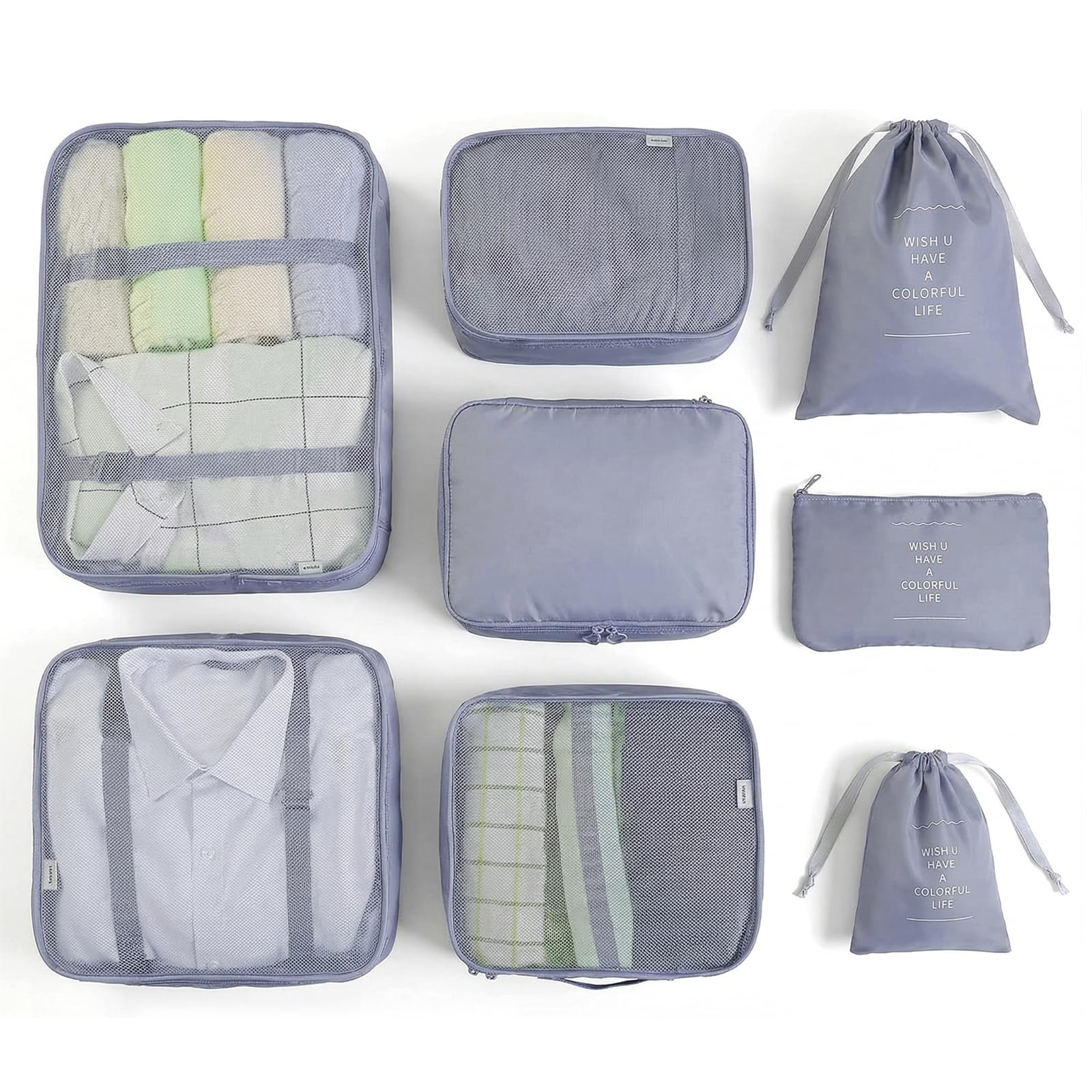 Suitcase Organiser Set, Packing Cubes Clothes Bags Shoe Bag Travel Organiser Cosmetic Bags for Suitcases (8 Pieces, Grey)