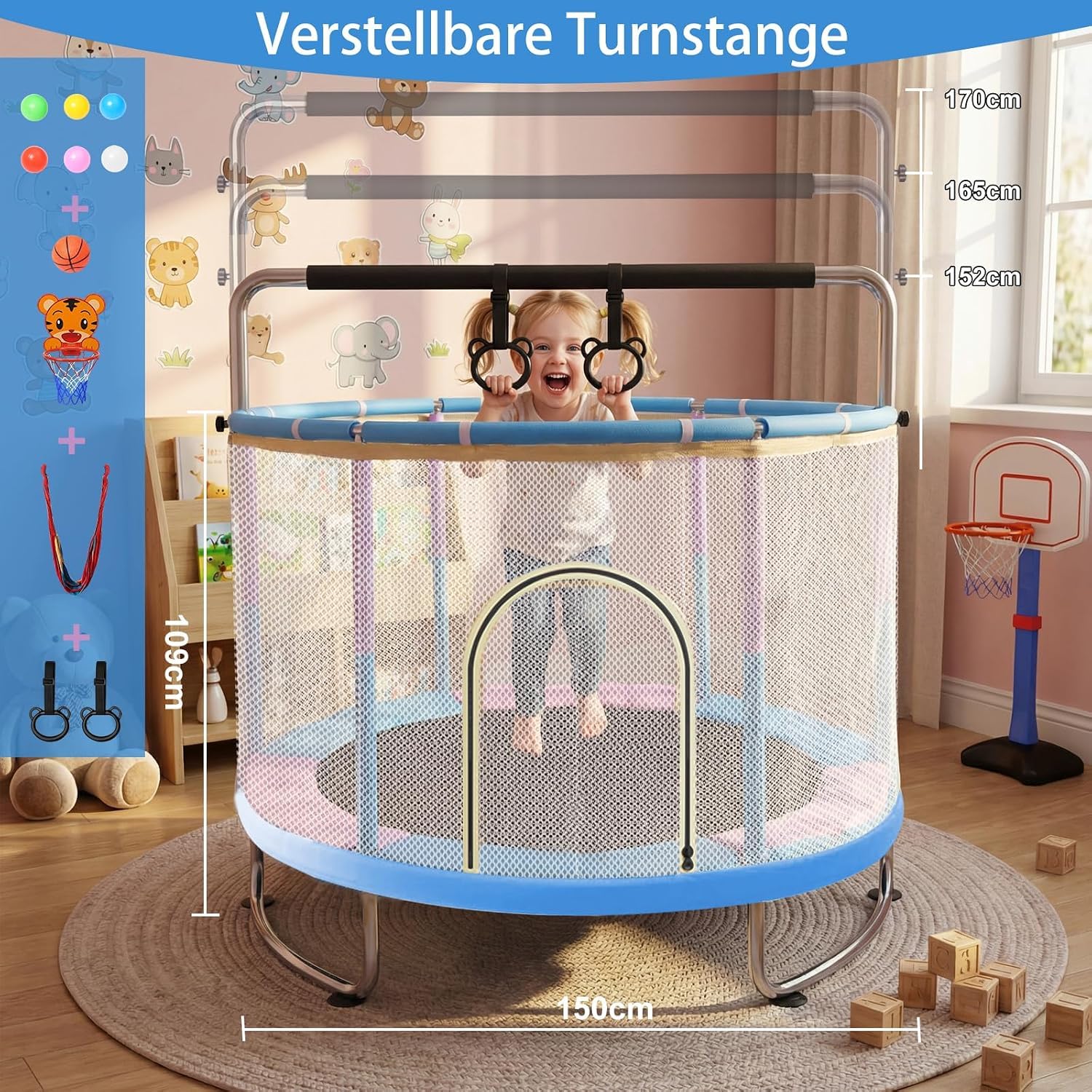 1.5m Kindertrampolin, Multifunktionales und Verstellbares mit Basketballkorb, Schaukel und Klimmzugringen, Geeignet für Innen- und Außenbereich zum Geburtstag