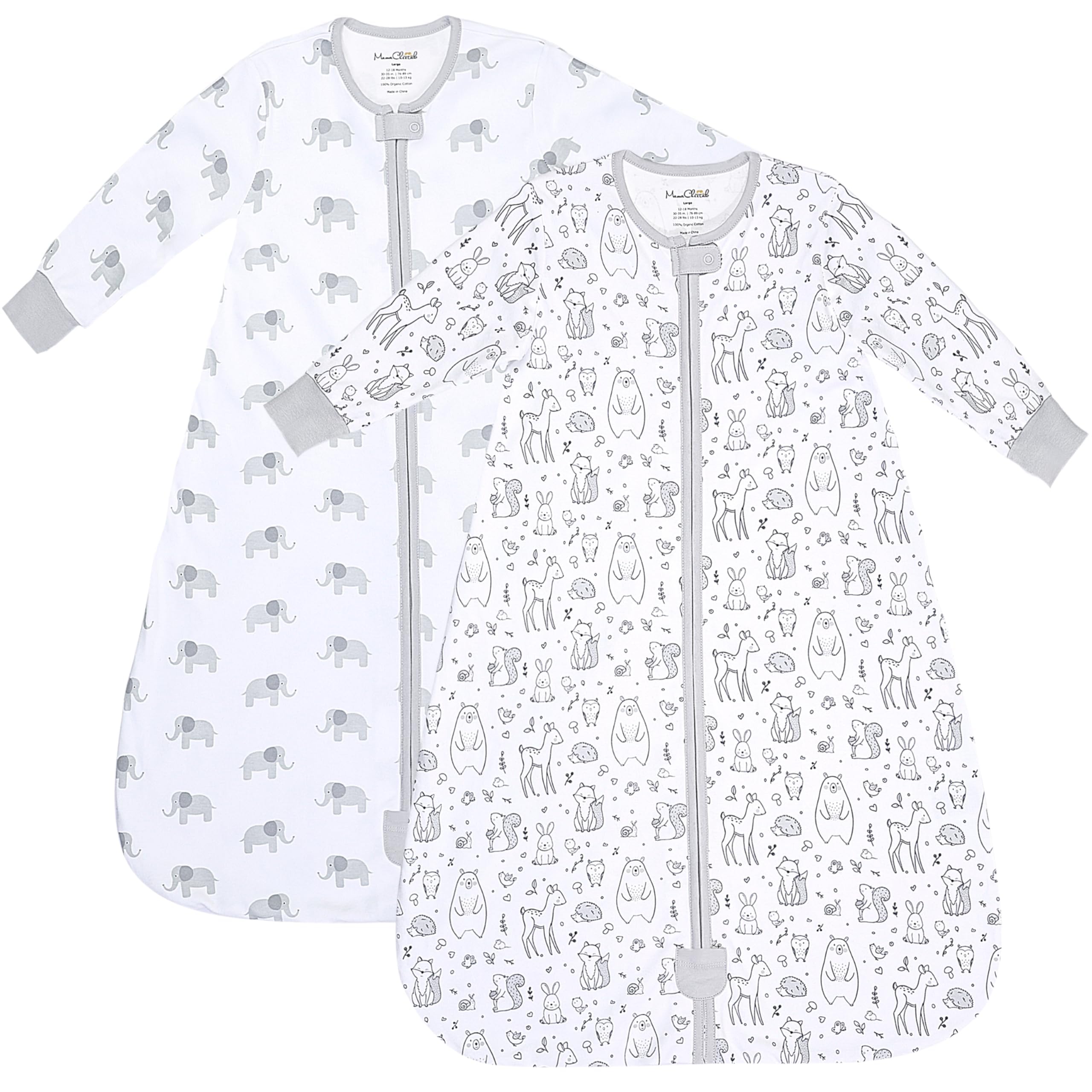 Mama Cheetah Sacco nanna con maniche, 1,0 Tog, confezione da 2 pezzi, coperta in 100% cotone biologico con cerniera bidirezionale, sacco nanna con maniche lunghe, per neonati e bambini, 18-24 mesi