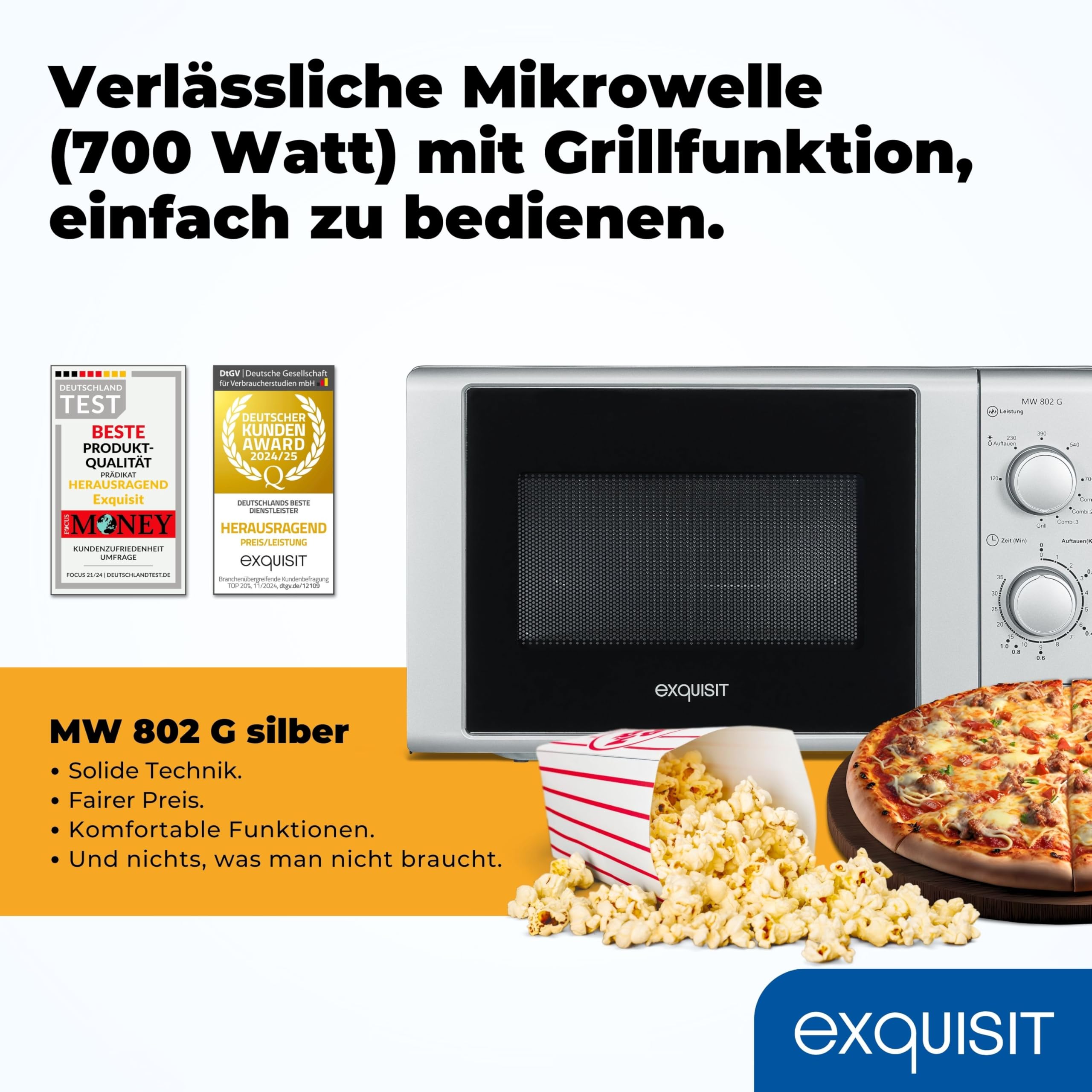 Exquisit Mikrowelle mit Grill 20 L 700 W/1000 W Silber 5 Leistungsstufen Auftaufunktion