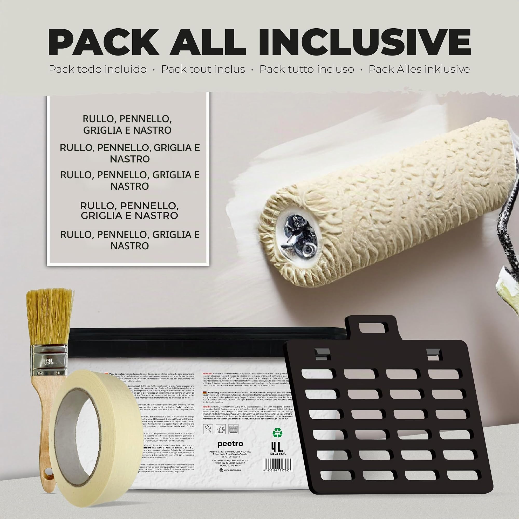 PECTRO Pittura Mano Unica 4L (6,3kg) Set con rullo, pennello, griglia e nastro in carta - Pittura per Interni Lavabile per Pareti e Soffitti – Monomano per Camere e Soggiorni