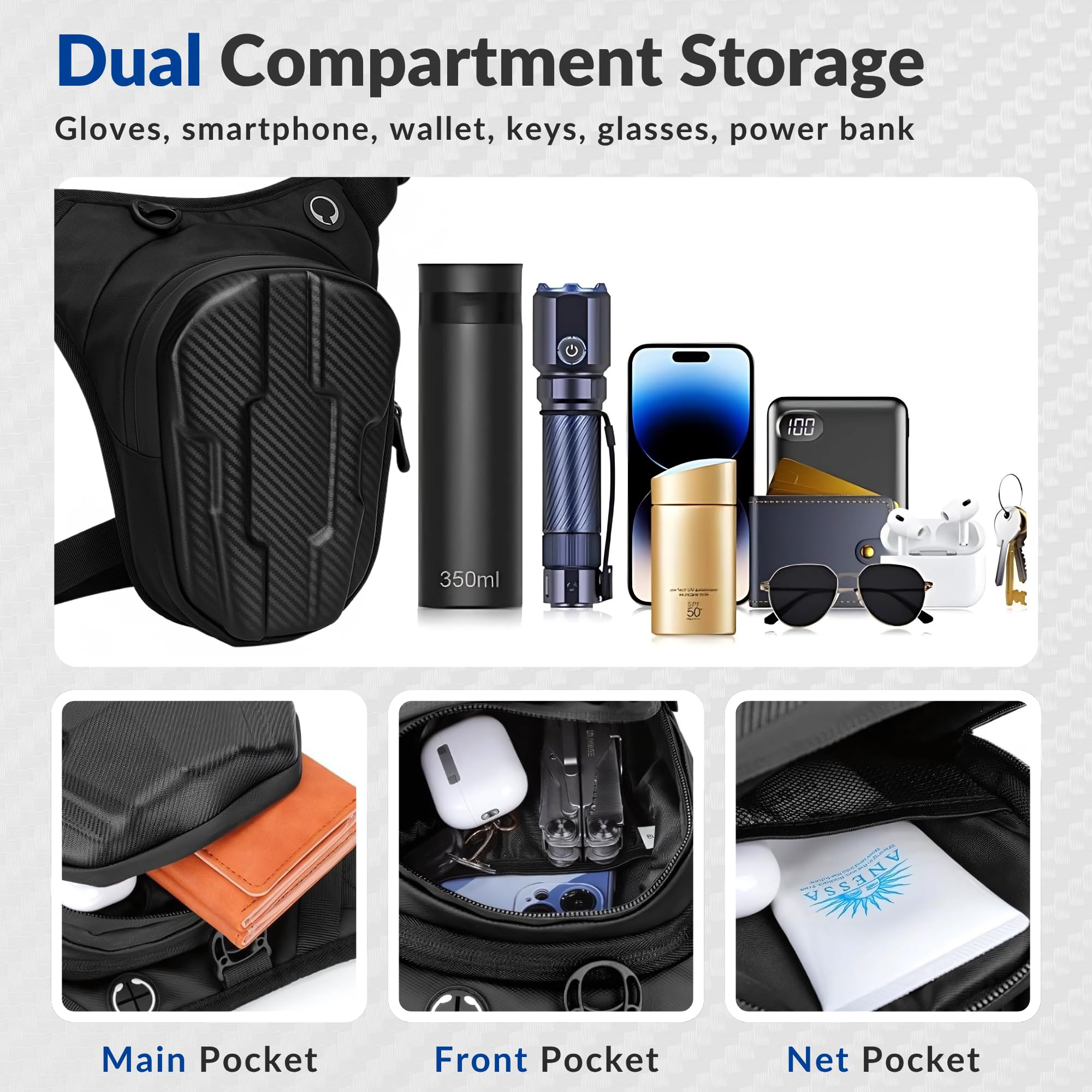 Turtle Thigh Bag for Bike Riders, 5 in 1 Leg, Waist, Hip, Side, Shoulder Rider Bag for Bikers Men, Waterproof Dual Compartment Tactical Riding Bags for Bikes, Bike Riding Accessories for Bikers Gifts - Image 3 thumbnail