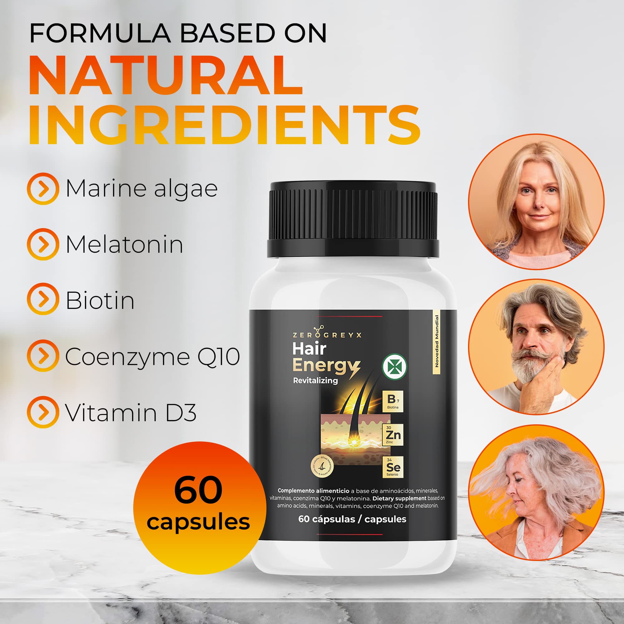 Vitaminas para el cabello, crecimiento de cabello fuerte y sano. Cápsulas crecimiento cabello. HAIR ENERGY, nuevo complejo vitamínico generador energía capilar. 60 cápsulas. Post trasplante capilar.
