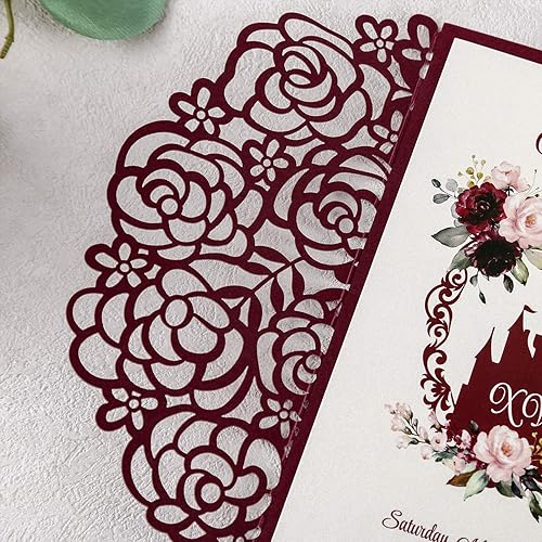 Miniatura 7 de DreamBuilt Kit de invitaciones de quinceañera de 4.7 x 7 pulgadas, 50 unidades, color burdeos, corte láser, con bolsillo de rosa hueca, tarjetas de