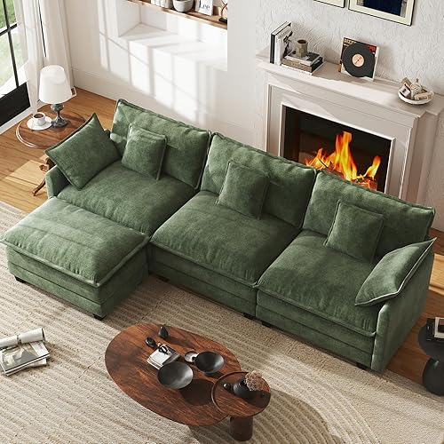 WorthFurni 111.4” Cloud Couch, Modular Sectional Sofa with Ottoman, Comfy Modern 3-Seater Couches with Pillows & Upholstered Deep Seat Cushion for Apartment Living Room Bedroom (Green)