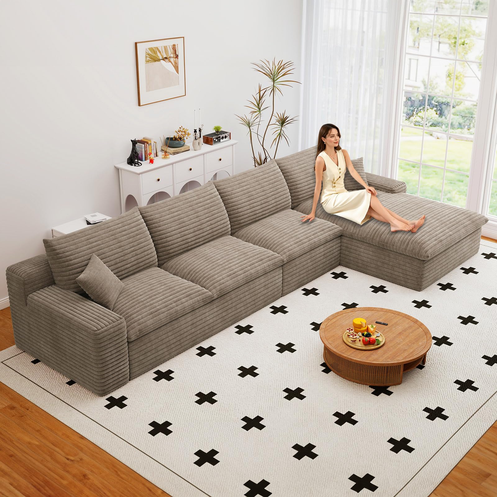 136" Cloud Couch Modular Sectional Sofa for Living Room, L-Shape Boneless Couch with Deep Seat, Modern Corduroy 4-Seater, No Assembly Required (Camel,Right-Facing Chaise)