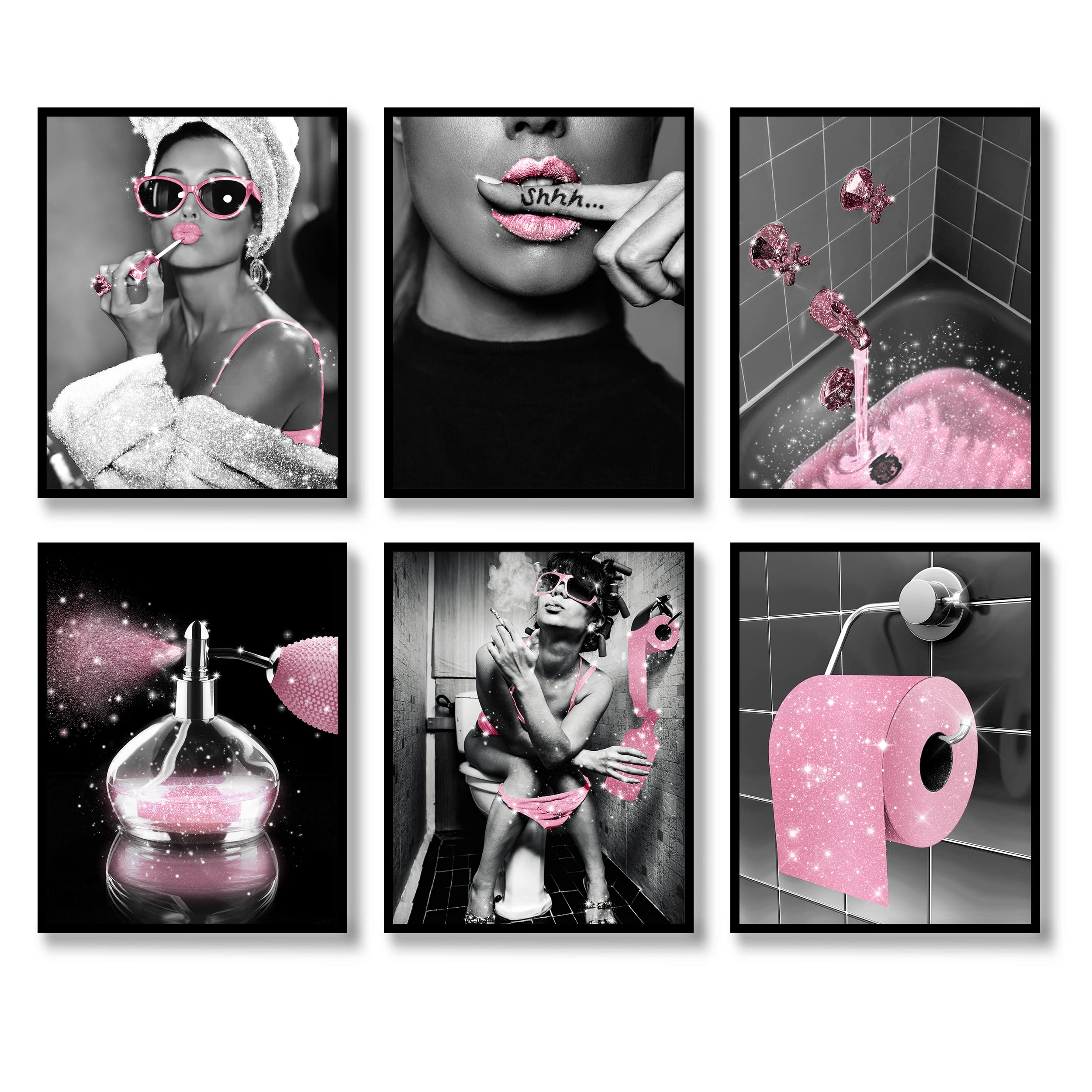 Fashion Wall Art Bathroom Wall Decor Prints Set of 6 Black and White Glam Glitter Canvas Posters Photos Pictures Bathroom Artwork Wall Modern Women Funny Bathroom Decoration (Pink, 8"x10" UNFRAMED)