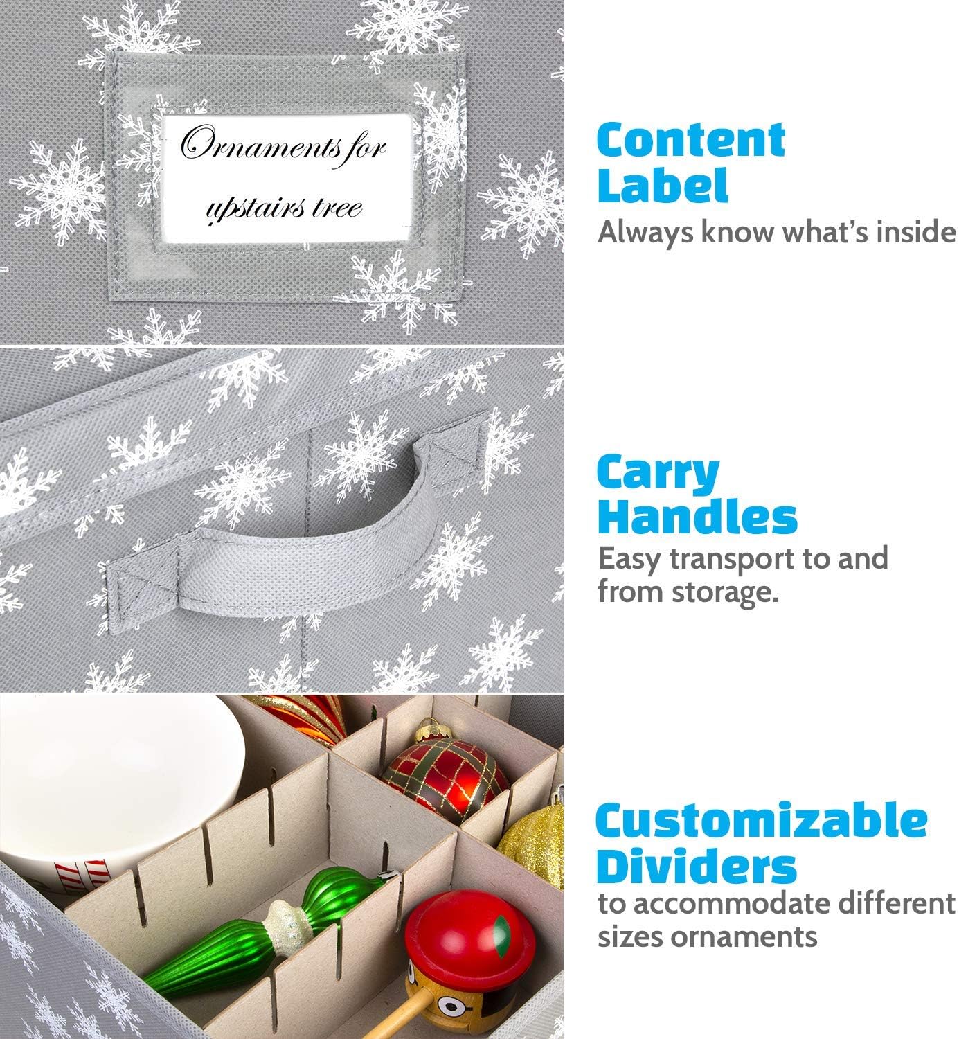 HOLDN’ STORAGE Christmas Ornament Storage Box with Lid - Christmas Decor Storage Containers that Store up to 64 Holiday Ornaments - Grey/White Snowflakes