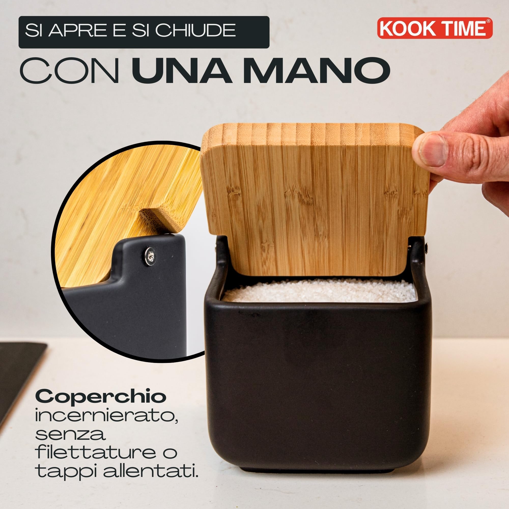 Porta sale grosso e fino, Barattoli sale per cucina o tavolo in ceramica con coperchio girevole in bambù ecologico, Barattolo sale grosso e fino, Dimensioni 11,2 x 11,2 x 11,2 cm. Nero