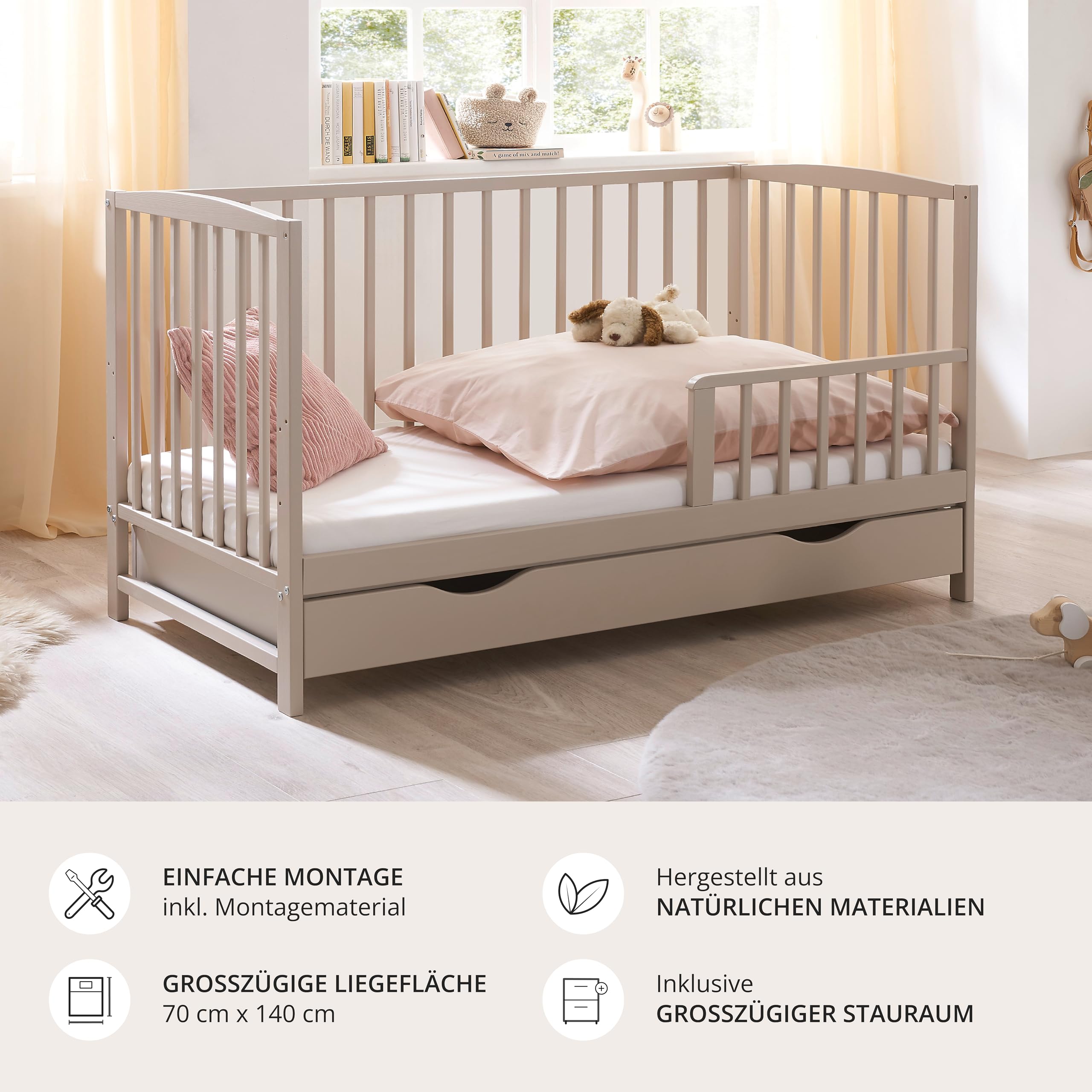Stella Trading TEFFY Babybett mit Schublade & Umbauseiten in Kaschmir