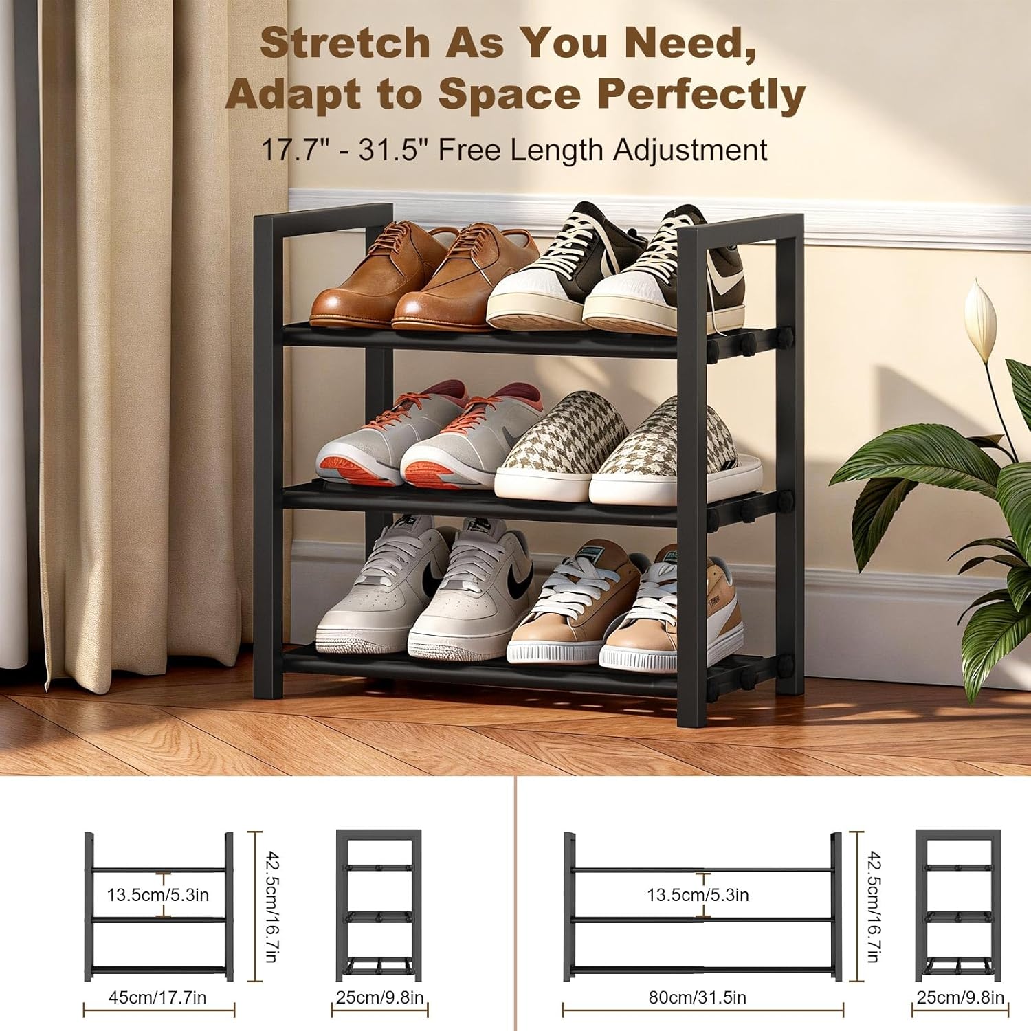 Roylvan 3-Tire Expandable Shoe Rack for Closet, 17"-31" Adjustable Free Standing Shoe Shelf Storage Fits 6-12 Pairs Shoes, Heavy Duty Reinforced Metal Shoes Organizer for Entryway Doorway Dorm