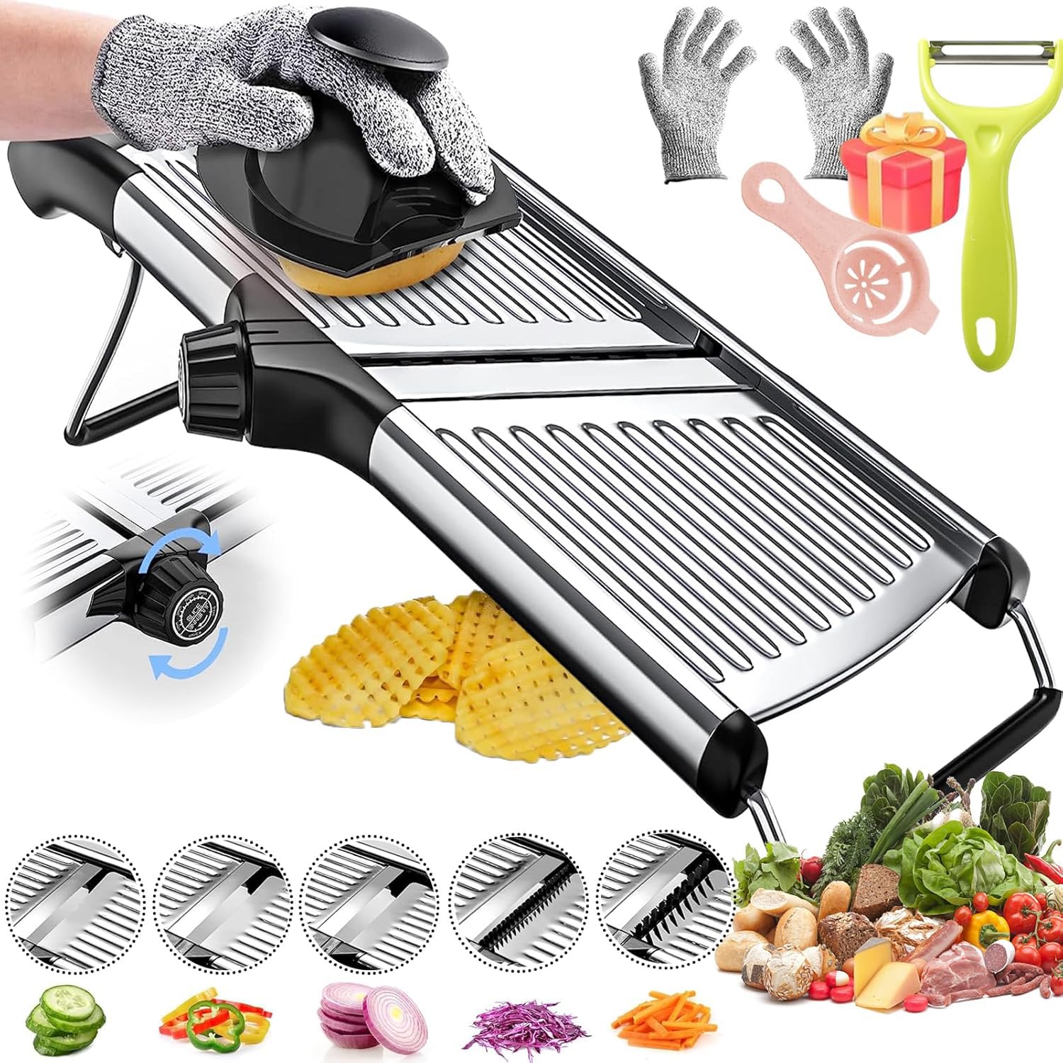 STAYOUNG Mandoline Slicer – Multifunctional Adjustable Vegetable Slicer, with Resistant Gloves Cuts, for Cutting Vegetables, Fruits, Potato Chips