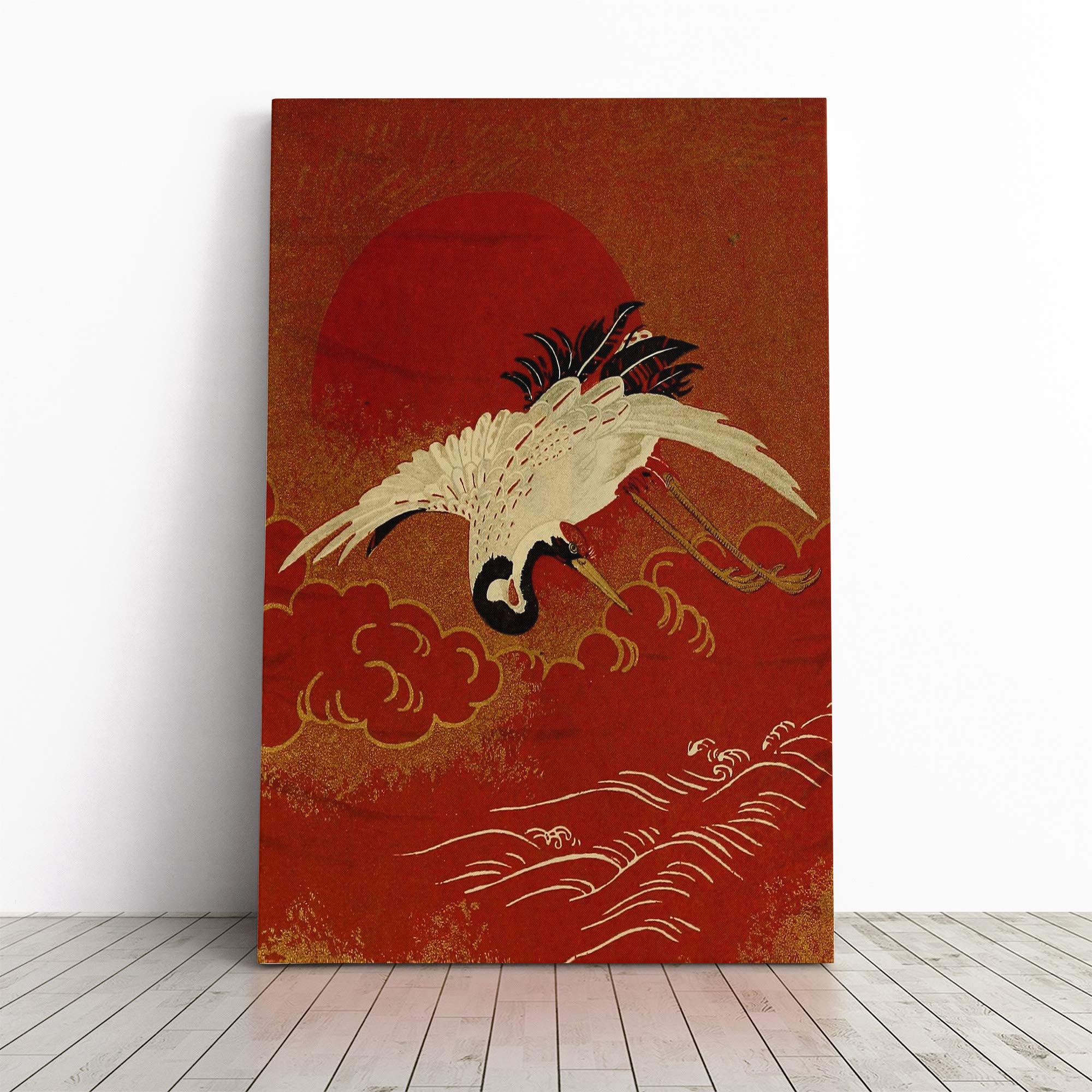 Wall Crane Flying Over The Sea Japanese Oriental Art Canvas Print | Gallery Wrapped 30mm Frame Wall Art | 20x14 inches | Ready to Hang | Asian Seascape Picture | Living Room Bedroom Lounge Office