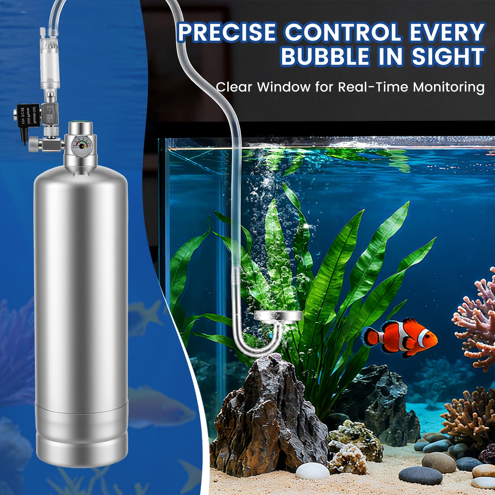 Juego completo de 2 litros de CO2, generador de CO2 de acero inoxidable con botella de CO2, válvula magnética, difusor y contador de burbujas para plantas de acuario, kit de impresión listo