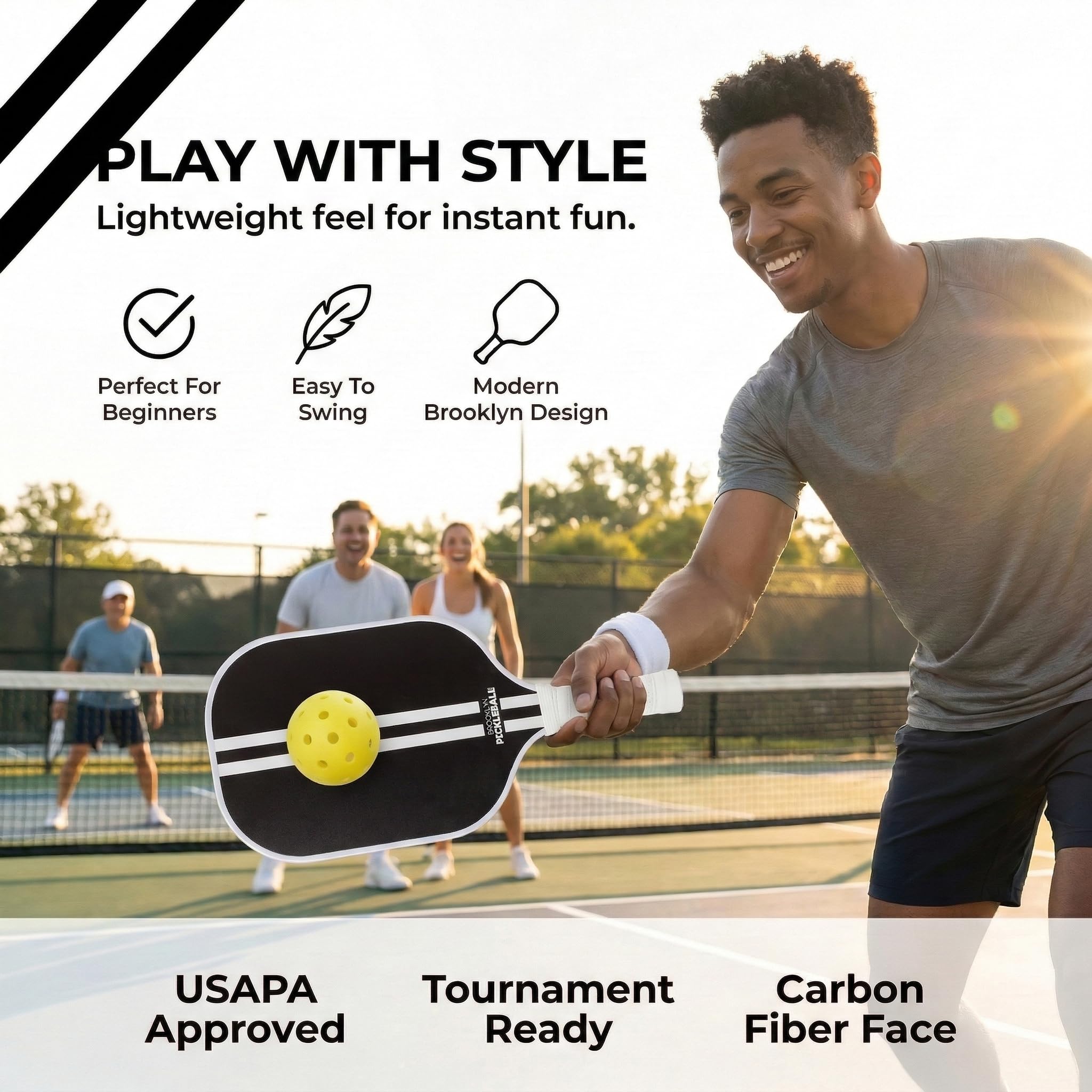 Brooklyn Pickleball Co. Wiosło kulkowe do marynaty | włókno węglowe | rdzeń o strukturze plastra miodu | prążkowany antypoślizgowy uchwyt na poduszkę | pojedyncza rakieta | wiosła do marynowania