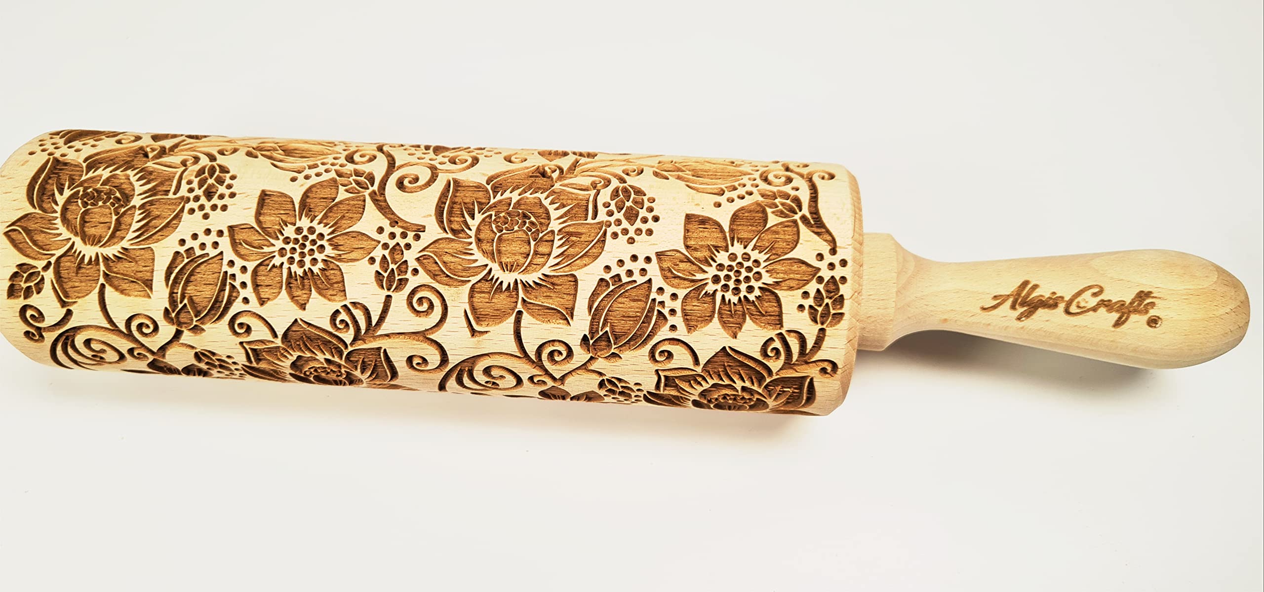 Embossing rolling pin LOTUS with Lotus flower Pattern. Dough roller for embossed cookies and Pottery by Algis Crafts