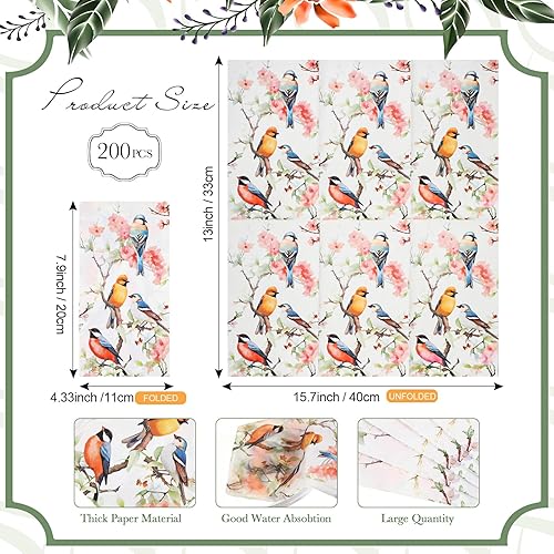 Miniatura 2 de Outus 200 servilletas de 3 capas con diseño de pájaros florales de primavera, toallas de invitados con temática vintage, servilletas de verano con