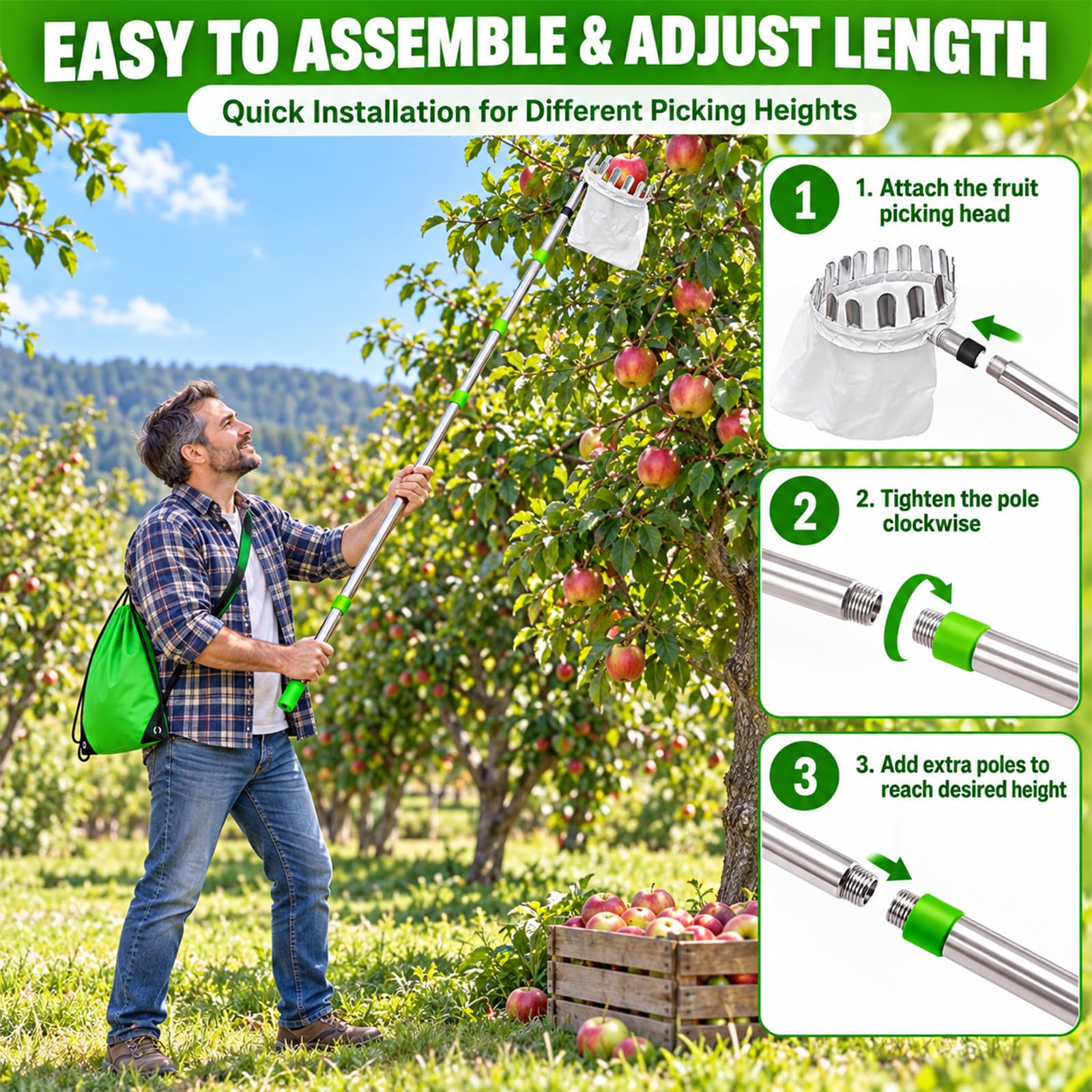 Recogedor de Frutas 4,2M Herramienta de Cosecha para Manzanas, Cerezas