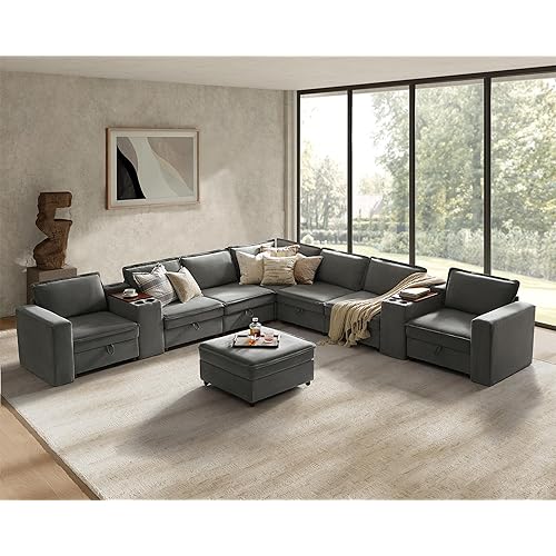 HULALA HOME Modular Sectional Sofa with USB Port and Console, 8 Seater Sofa with Storage Ottoman, Oversized L Shaped Couches for Living Room, FSC Certified, Grey