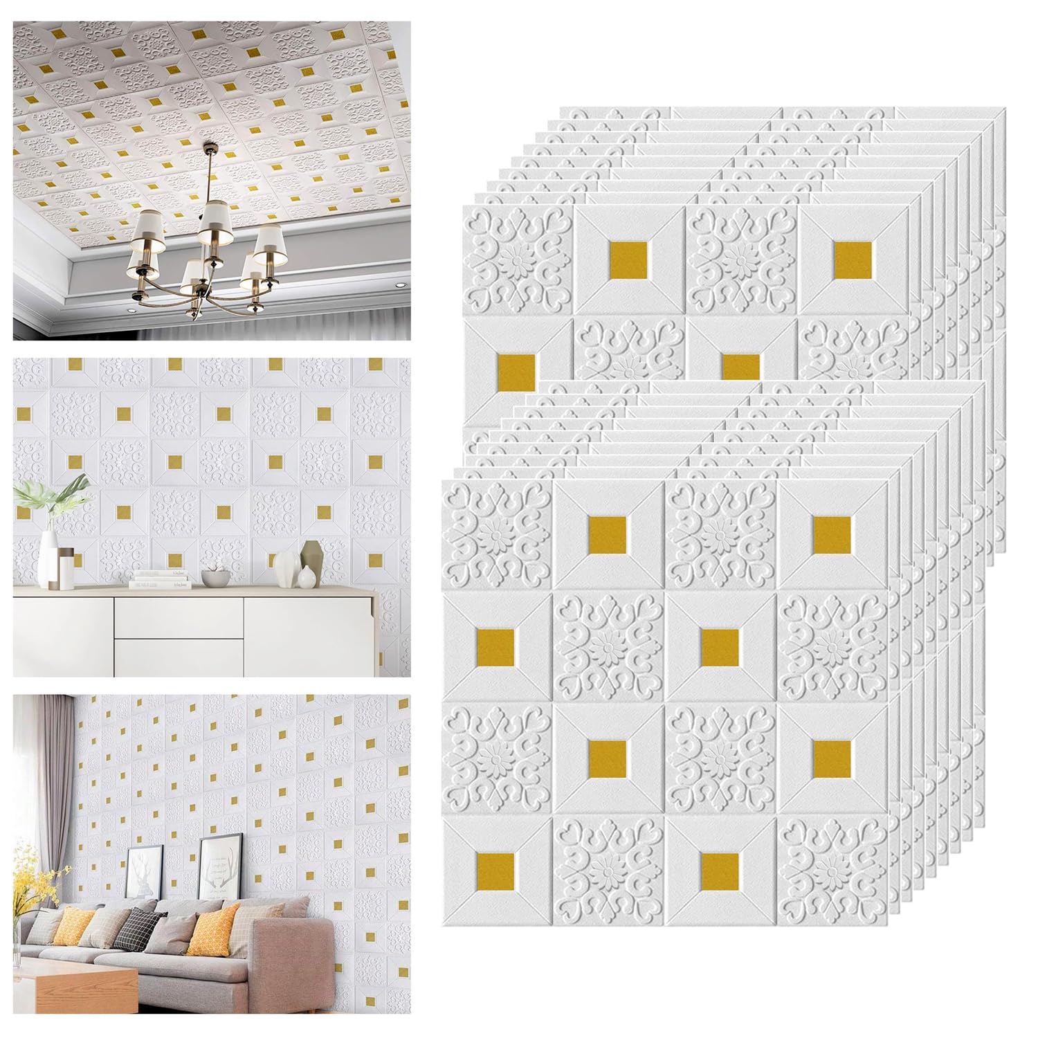 Dehome 3D Foam Wallpaper Wall Panels Self-Adhesive Waterproof PE Foam, Wallpaper for Bedroom Furniture, Cafe, Hotal, 57.5 Sq.Ft Peel and Stick 3D Wooden |70 x 70 CM White Golden Pack of 4 (B0CQHKVTLM) Amazon Price History, Amazon Price Tracker