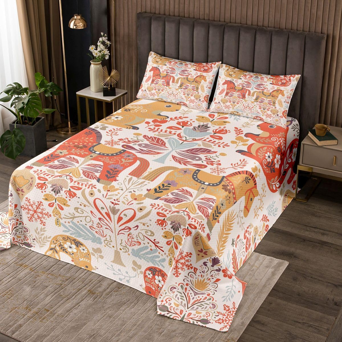 Homewish Flower Horse Bedspread Twin Size,Rustic Farmhouse Bedding Sets 2Pcs for Kids Girls Boys Room Decor,Boho Squirrel Bird Comforter Set Xmas Bells Snowflake Quilt Coverlet,1 Pillowcase
