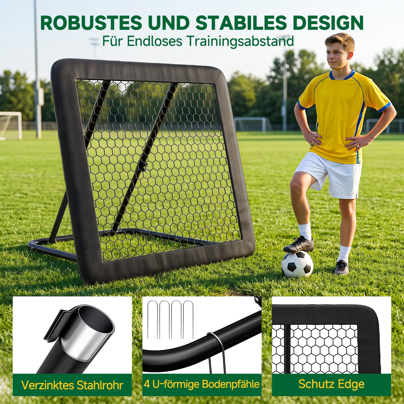 SUNYRISY Rebounder für Fußball, Fussball Rebounder mit Tornetz und Schutzrand, Fussball Trainingszubehör, Trainingsset für Handball und Volleyball, Stufenlos Verstellbar