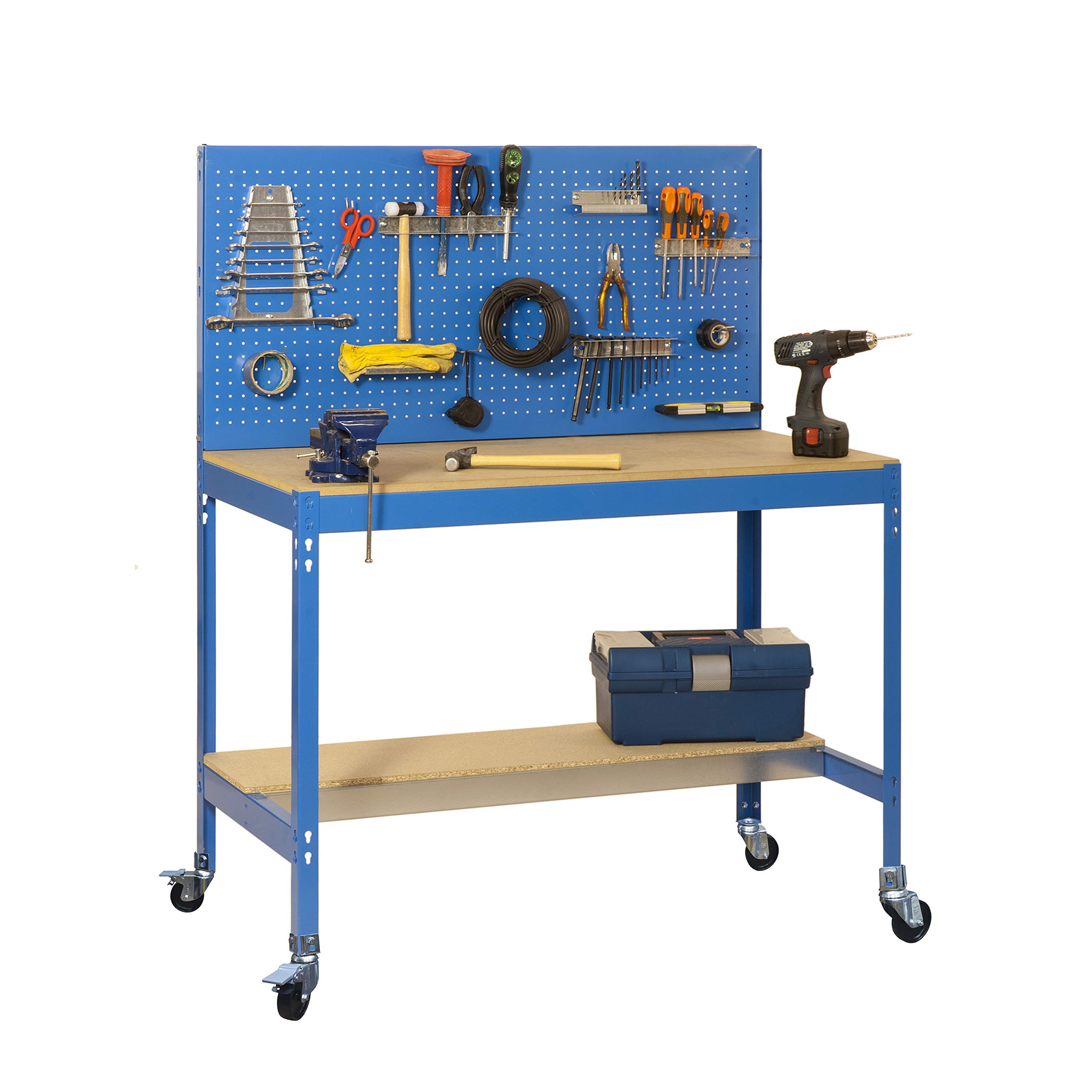 Simon Rack Banco de Trabajo Taller con Ruedas 910x610 mm - BT2 | Panel Perforado, Tablero madera 16 mm, Capacidad Carga 120 kg, Azul , Pintura anticorrosión, Montaje sistema clic