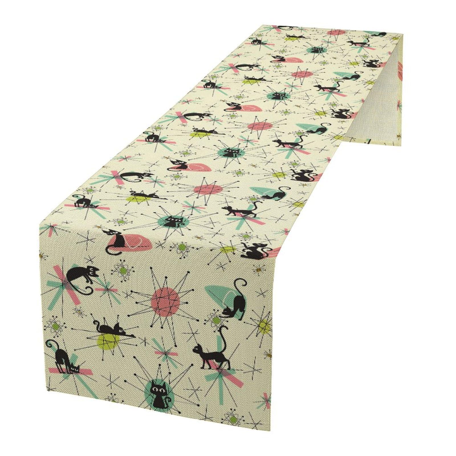 Mid Century Table Runner,Black Cat Retro Diamond Atomic Starbursts 1950s 1960s Abstract Geometric Pattern Table Runner for Coffee Table Dining Room