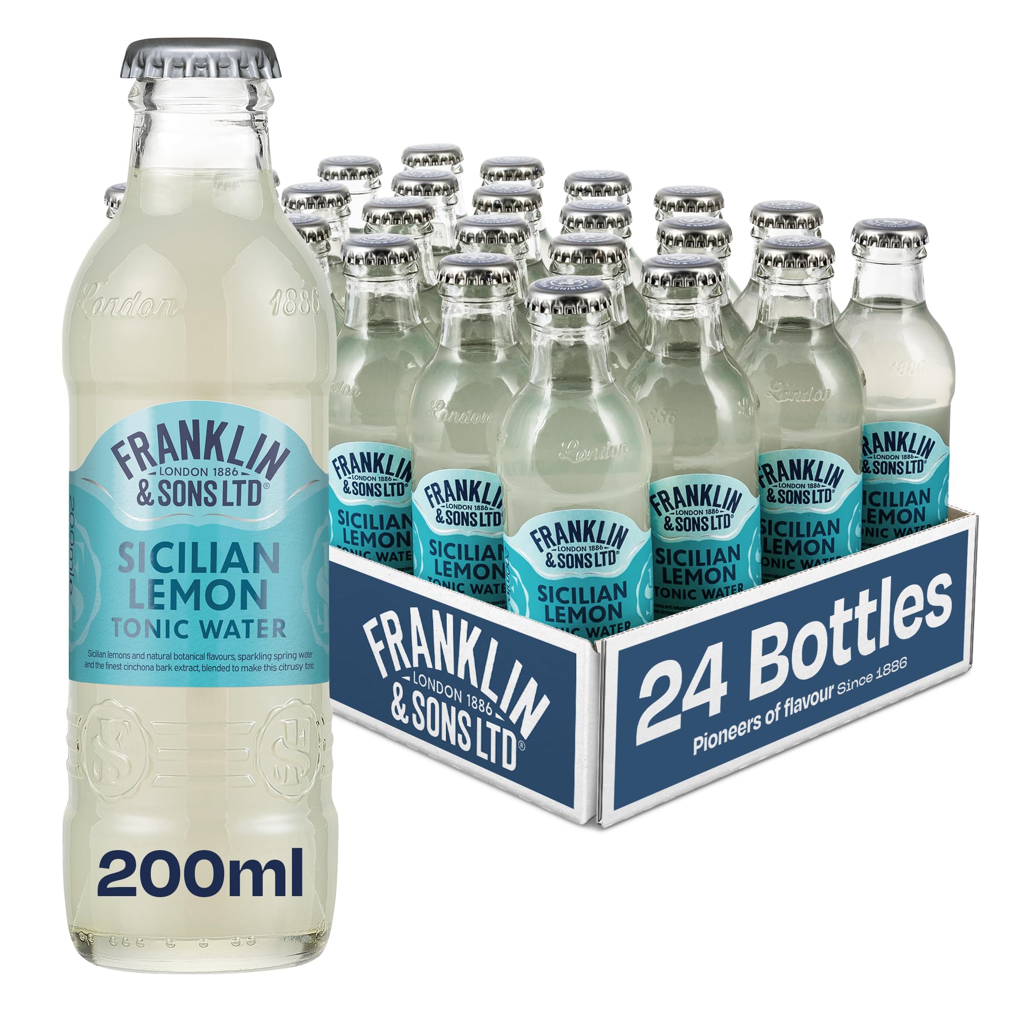 Franklin & Sons Sicilian Lemon Tonic Water | 24 x 200ml Bottle Case | Natural Sicilian Lemon Flavour | Natural Flavours | Lake District Water | Zesty And Fresh Gin & Tonic