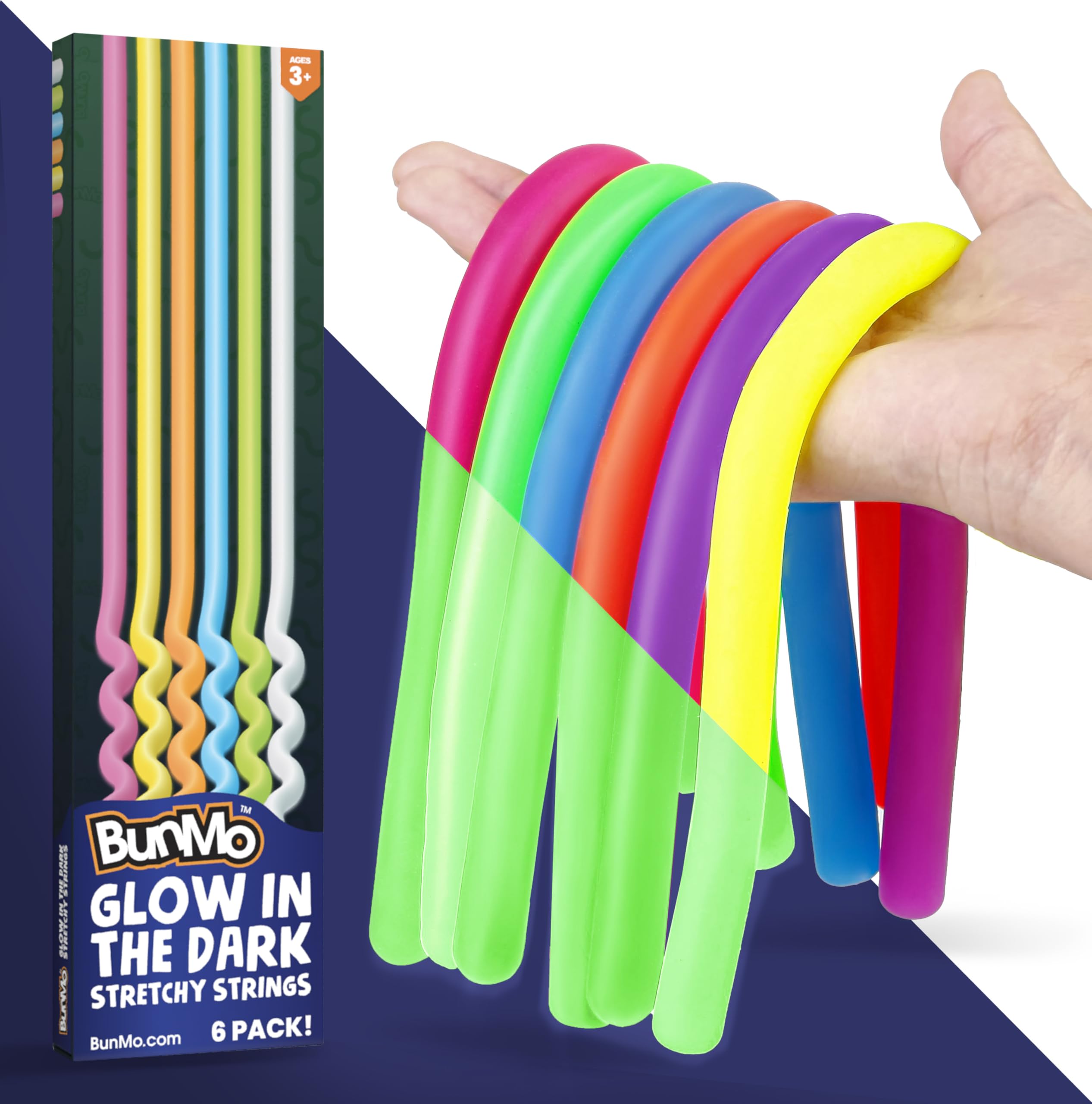 BUNMO Sensory Toys Stretchy Strings for Toddlers 3+ - Stimulating & Addictive Fidget Toys for Kids - Hours of Fun for Kids - Non-Mouthable Toy 3+ - Glow 6 Pack