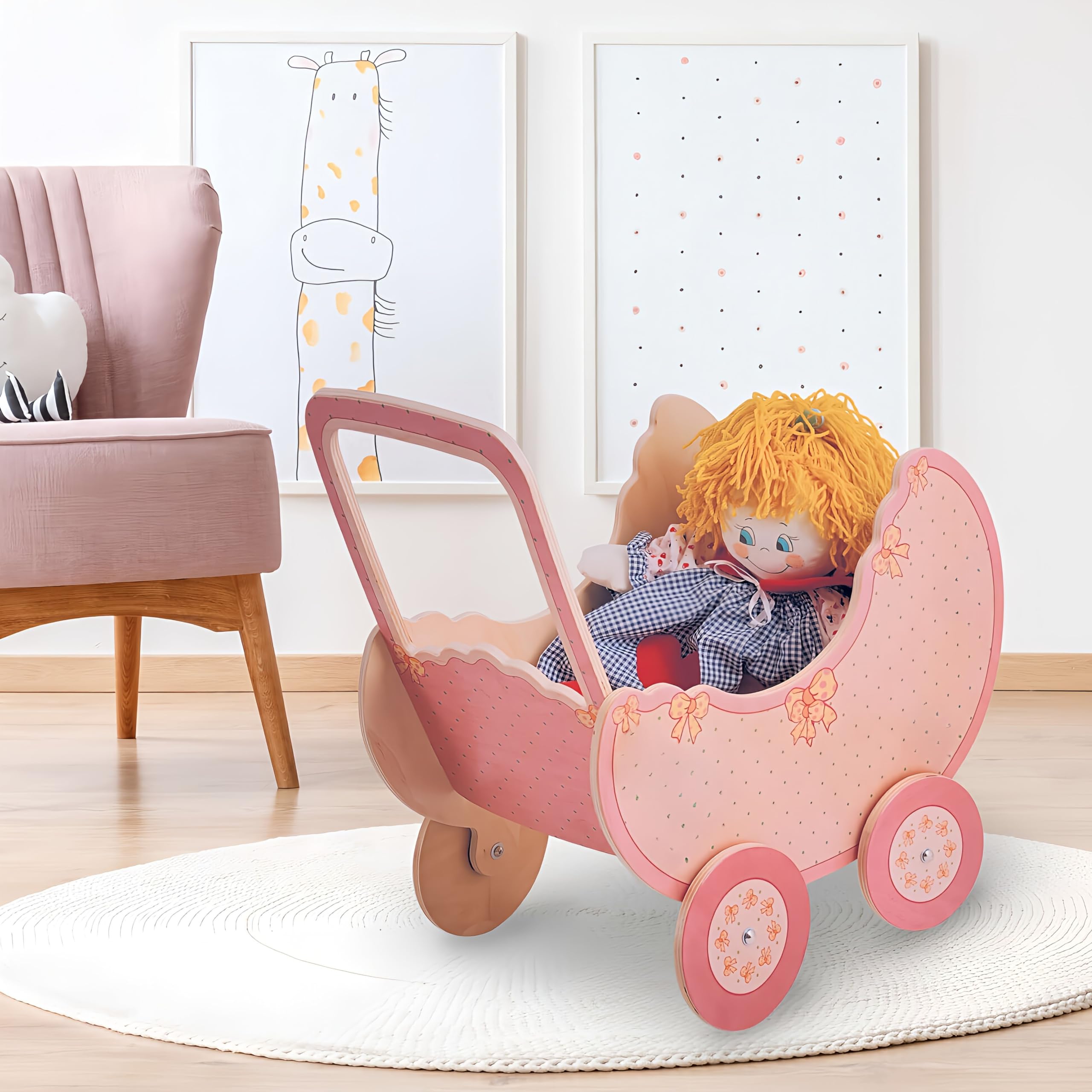 Dida - Holzpuppenwagen Rosa: Kinderwagen für Große Puppen bis 50 cm, Ideal für Rollenspiele für Kinder von 2 bis 4 Jahren