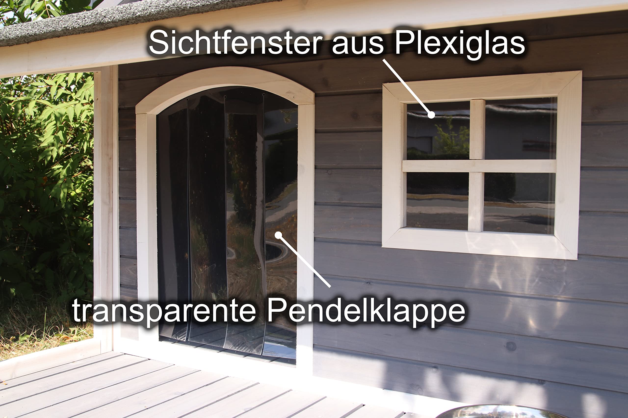 Outdoor Hundehütte Massivholz, isoliert, Satteldach, 130x118x108 | Mit praktischem Vordach, Terrasse und Fenster für mehr Komfort und Schutz.