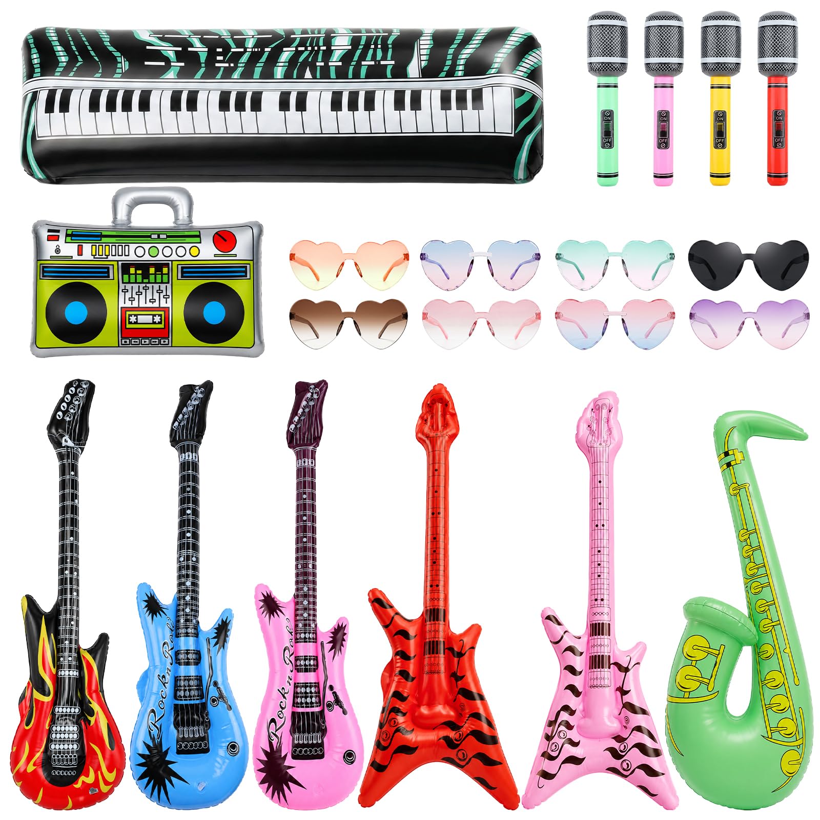20PCS Inflatable Party Props Set, Inflate Guitar Bass Microphone, Radio Piano Glasses, 80s 90s Themed Inflatable Musical Instruments，for Disco Birthday Carnival Photo Booth Family Party Decoration