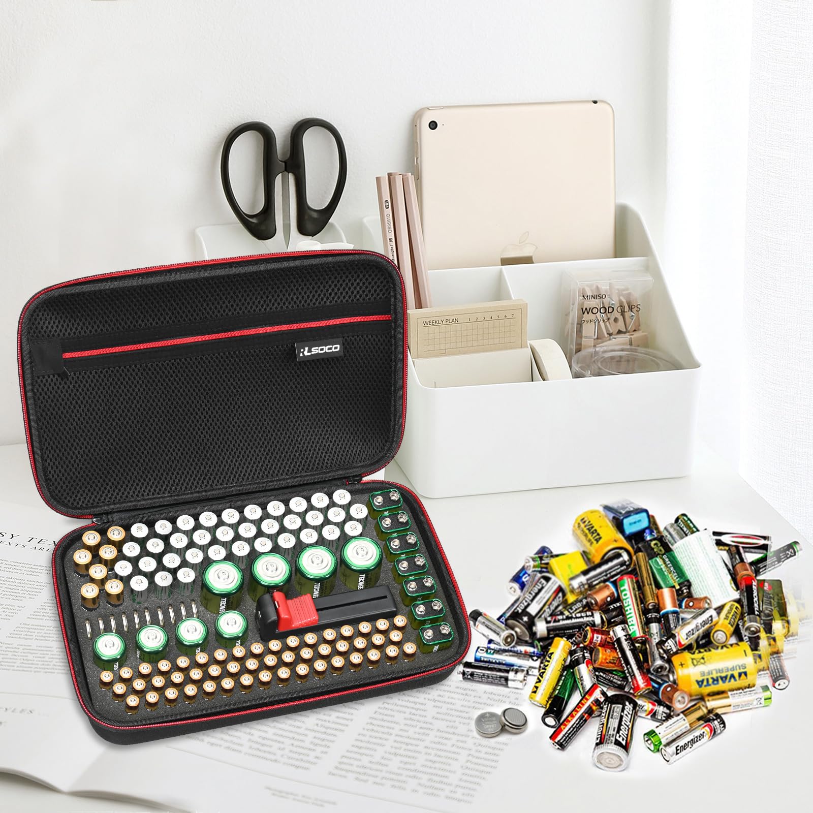 RLSOCO Funda para pilas con comprobador - Caja organizadora grande para pilas con capacidad para más de 120 pilas: AA, AAA, C, D, 9 V, BT-168 | Estuche con cremallera YKK (pilas no incluidas)