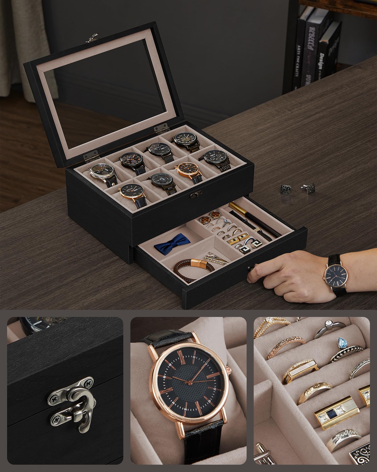 SONGMICS Porta Orologi a 8 Scomparti, Scatola Portaorologi a 2 Livelli, Coperchio in Vetro, con Cuscinetti, Fodera in Velluto, Idea Regalo, Nero Ebano JOW008B01