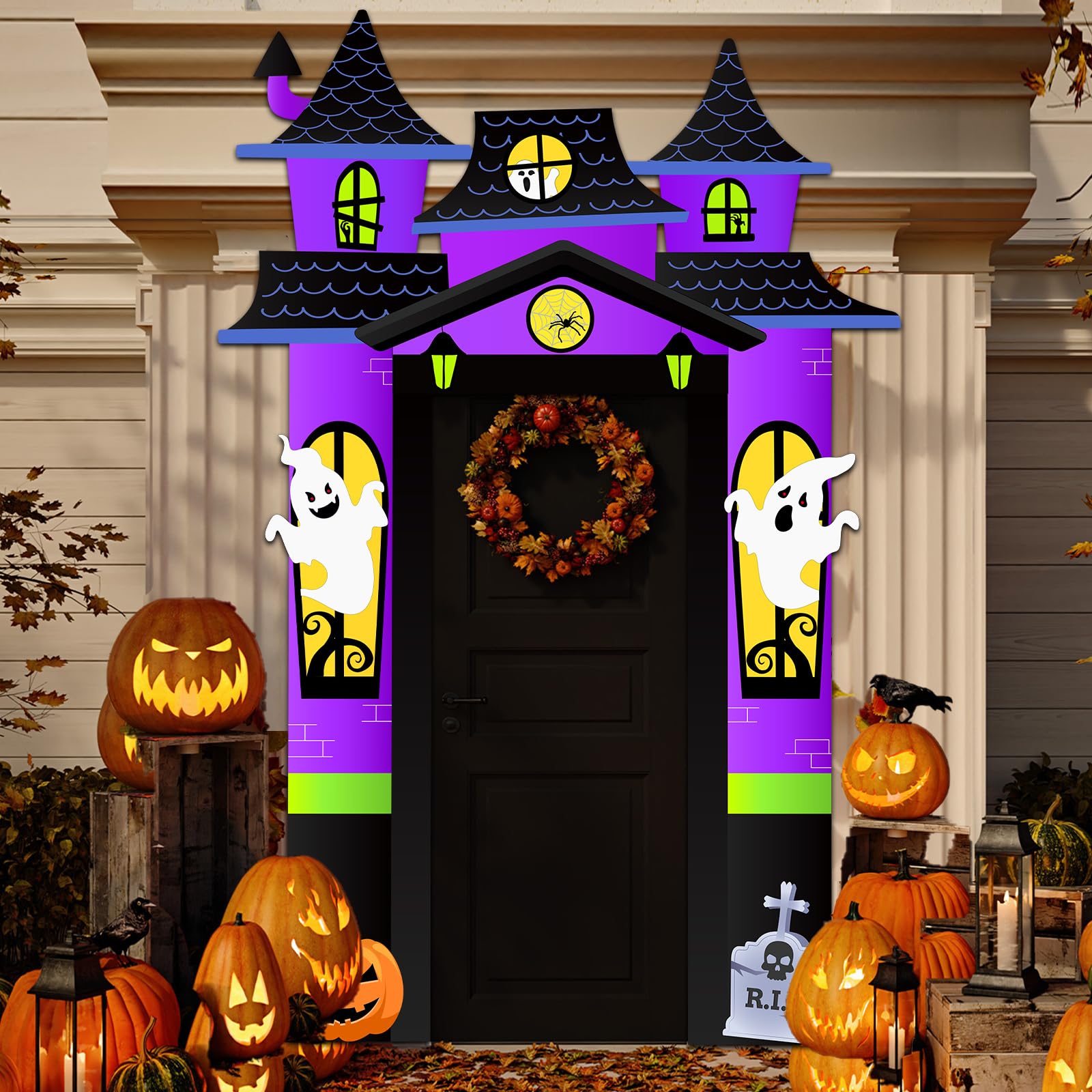 Halloween Castle Party Door Banner Creepy Halloween Door Decorations Scary Purple Castle Theme Door Cover Backdrop Banner for Classroom Party Photo